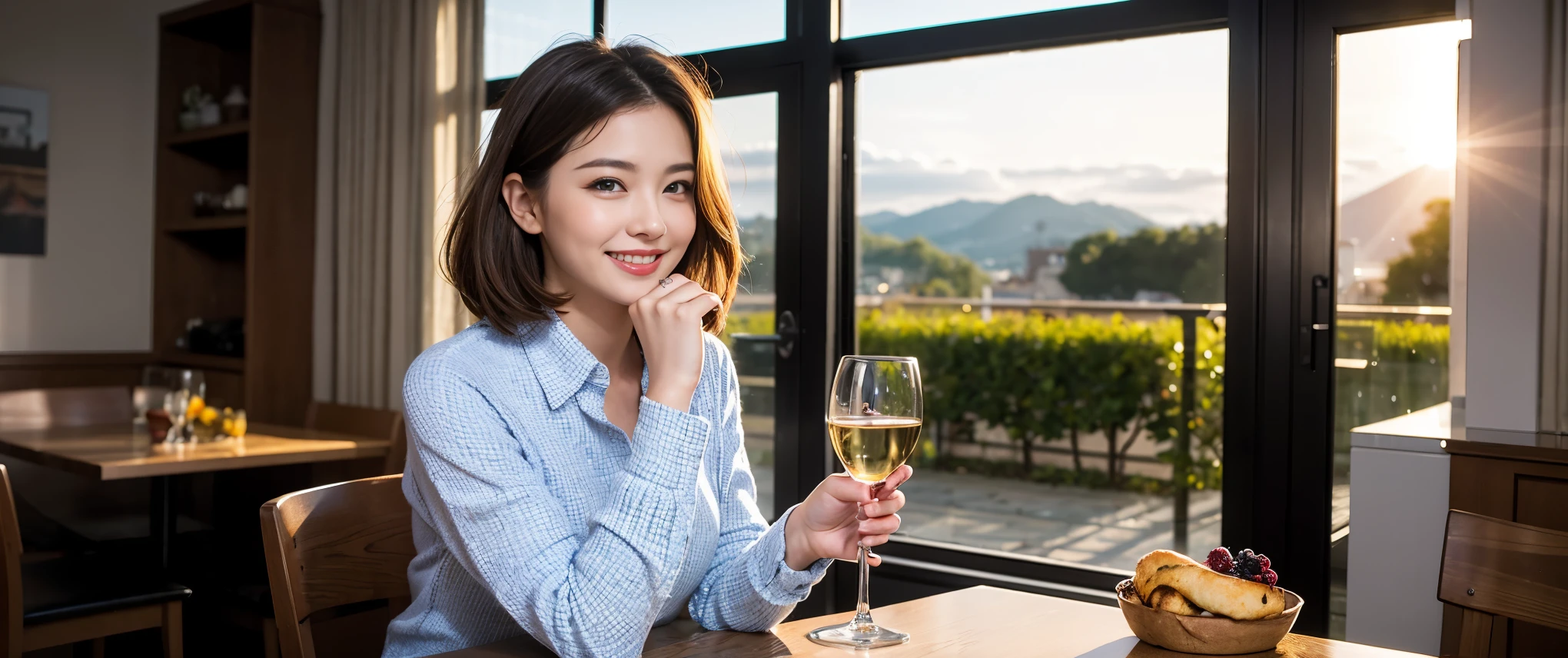 ((highest quality、8k、masterpiece:1.3))、Sharp focus:1.2、Beautiful woman perfect body:1.4、slimなボディ、((Bob Hale、Straight hair:1.2))、(to be born, highest quality, masterpiece:1.5), (Realistic, Intricate details:1.2), Ultra-high resolution, Amazing view of the sunset sky and clouds、Amazing mountain views、ニコニコ明るいsmile、smileの素敵な女性、Bright image、2. The beauty of wine, Beautiful Face, blue eyes, The light shines on your face, Blushing, short hair,Bright Face、Fox face、 (36 years old), 39 years old, Lady、red wine 、Appetizers、Italian food、Wine bottle、Champagne、sparkling wine、Two beauties、Brown Hair、Shortcuts、Long sleeve shirt、dress、Pretty Woman 1, (slimな顔), (The body is slim), (Brown Hair), (Shortcuts), cheeks turn a little red,Attractive beauty、, Out of the window, A beautiful and detailed night view unfolds.........., restaurant, In a prominent place (From the waist up) Nova Frog Style, actress, model, Upper Body, White wine, slim, wine glass, 真ん中に置かれたwine glass, smile, (smile: 1.15), Beautiful fine grain, Depth f/2,saturation, High Contrast, Strong light and shadow,Moist Body:1.5、3D texture、Delicate eyes、Brown Hair、The hair is very shiny、