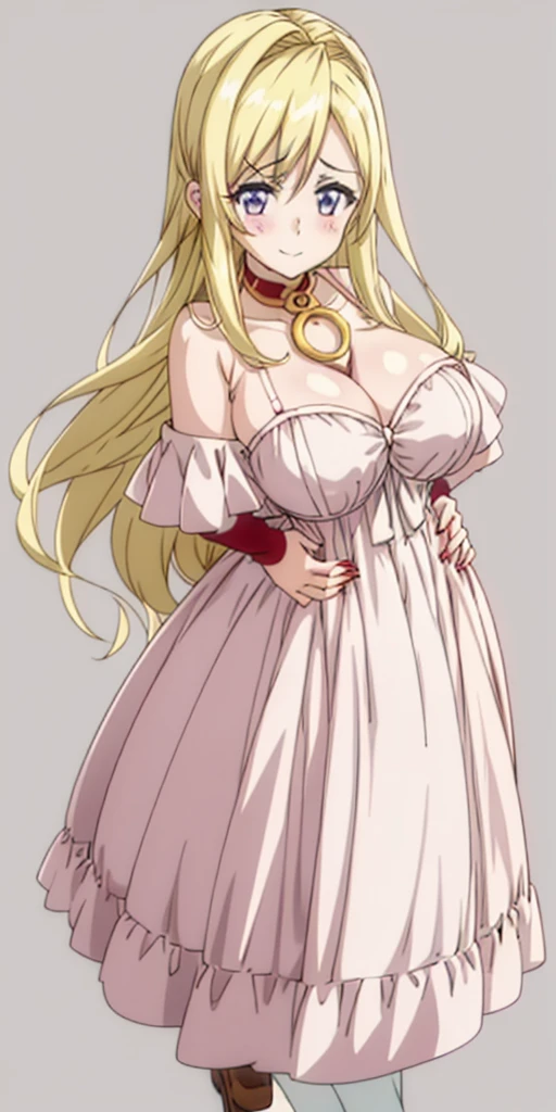 (plain background) (chest covered)(smile) gray skin, pale golden hair and violet eyes, huge knockers, full body standing symmetrical lustful smirking smile face red blush, pink painted nails, 1 girl full body standing straight symmetrical lustful smirking smile face red blushed, red cheeks, hands on hips