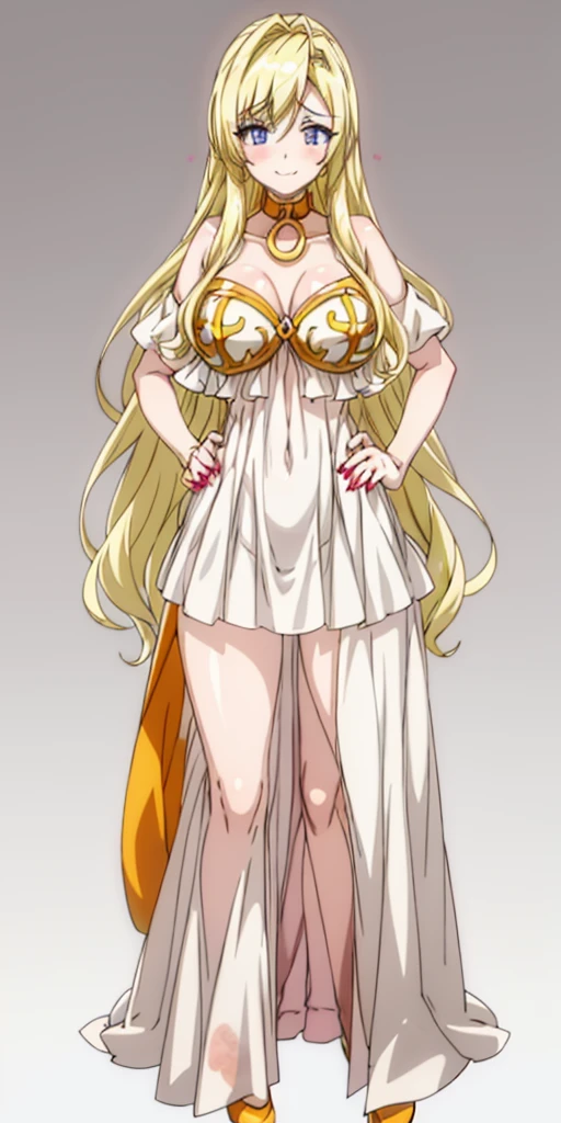 (plain background) (chest covered)(smile) gray skin, pale golden hair and violet eyes, huge knockers, full body standing symmetrical lustful smirking smile face red blush, pink painted nails, 1 girl full body standing straight symmetrical lustful smirking smile face red blushed, red cheeks, hands on hips