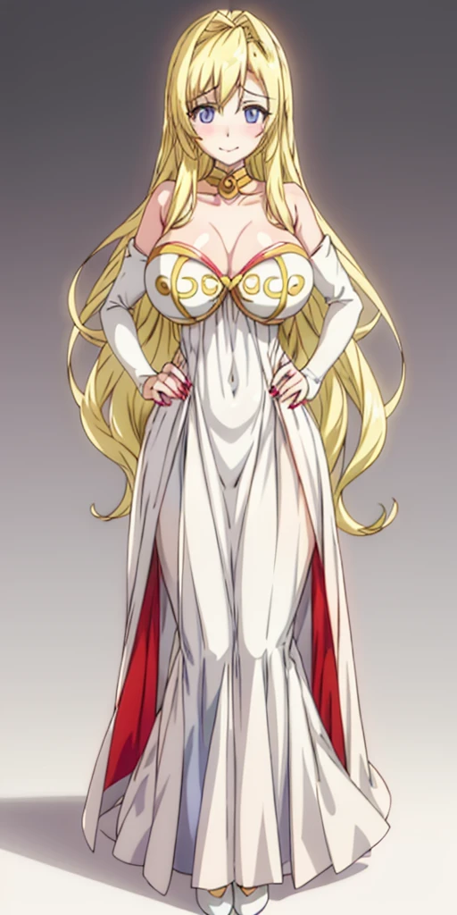 (plain background) (chest covered)(smile) gray skin, pale golden hair and violet eyes, huge knockers, full body standing symmetrical lustful smirking smile face red blush, pink painted nails, 1 girl full body standing straight symmetrical lustful smirking smile face red blushed, red cheeks, hands on hips