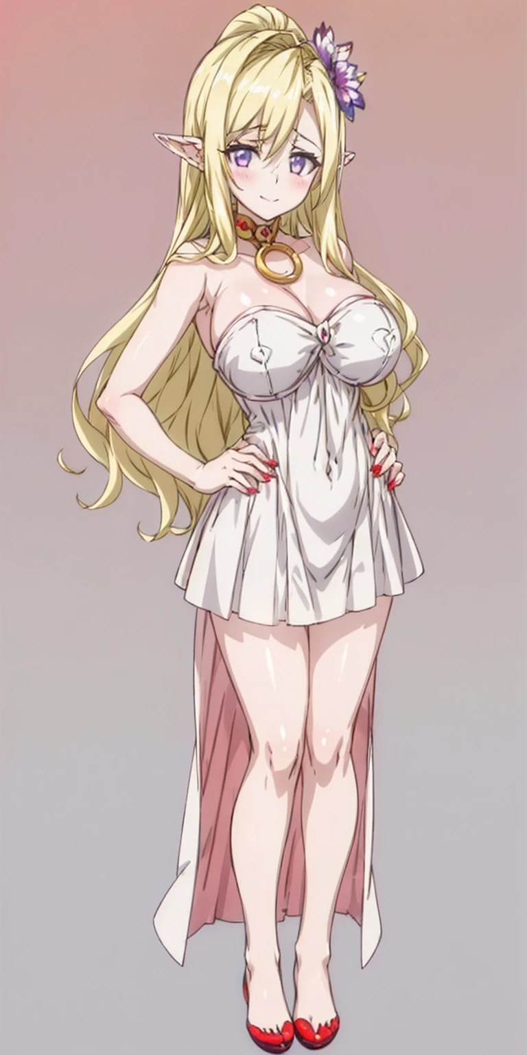 (plain background) (chest covered)(smile) gray skin, pale golden hair and violet eyes, huge knockers, full body standing symmetrical lustful smirking smile face red blush, pink painted nails, 1 girl full body standing straight symmetrical lustful smirking smile face red blushed, red cheeks, hands on hips