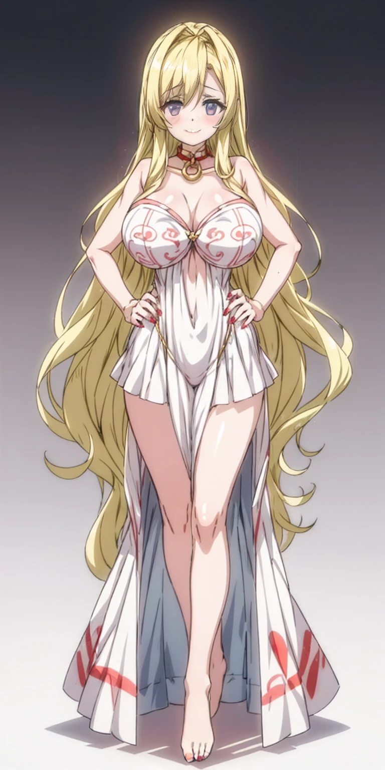 (plain background) (chest covered)(smile) gray skin, pale golden hair and violet eyes, huge knockers, full body standing symmetrical lustful smirking smile face red blush, pink painted nails, 1 girl full body standing straight symmetrical lustful smirking smile face red blushed, red cheeks, hands on hips