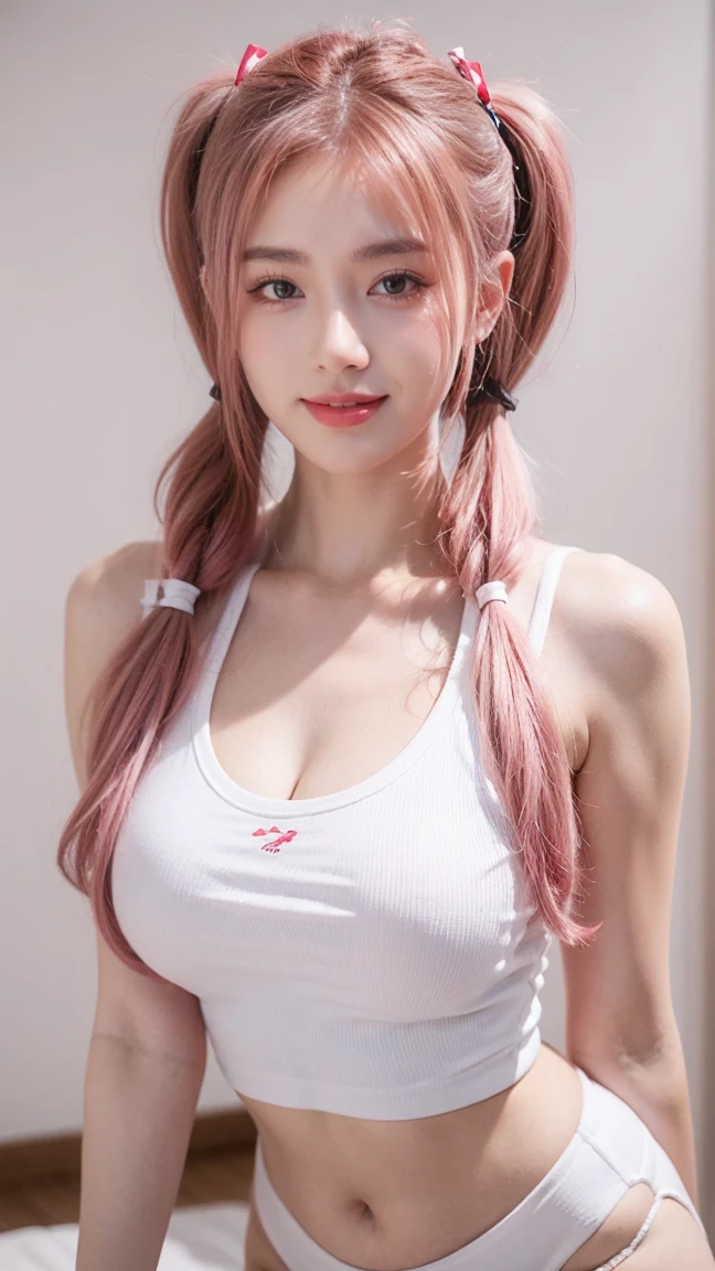 21yo girl, pink hair, (Twintail Hair). Smile,Wearing white oversize t-shirt,, show shoulders, cleavage, show big thigh, natural big brseast,hands holding breasts,plumpy body, standing pose