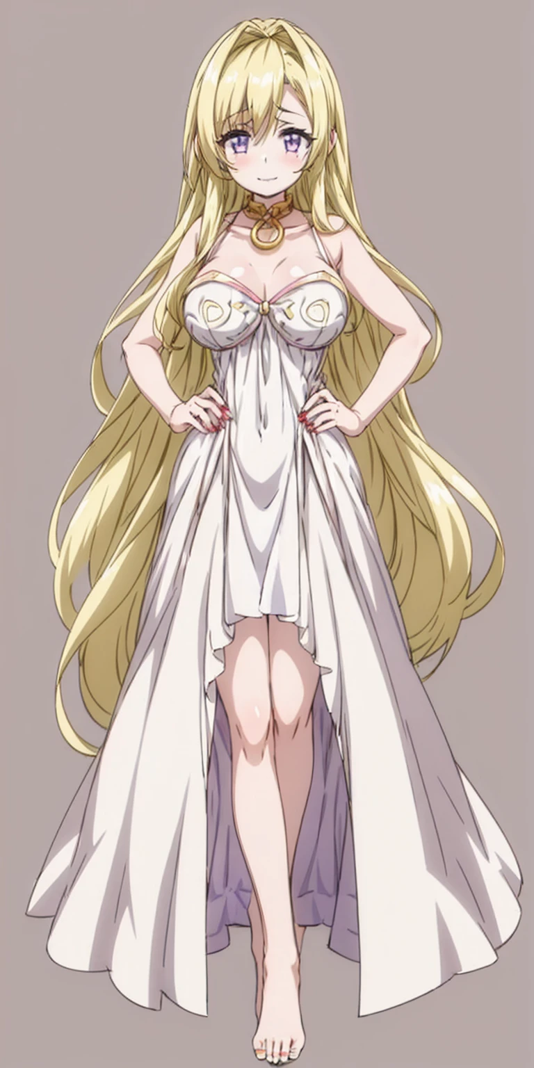 (plain background) (chest covered)(smile) gray skin, pale golden hair and violet eyes, huge knockers, full body standing symmetrical lustful smirking smile face red blush, pink painted nails, 1 girl full body standing straight symmetrical lustful smirking smile face red blushed, red cheeks, hands on hips