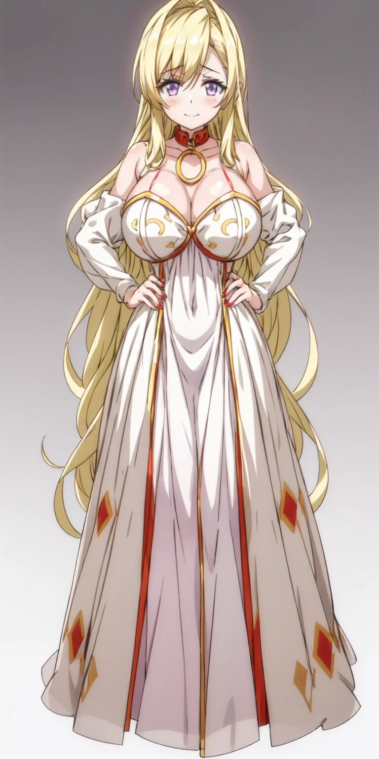 (plain background) (chest covered)(smile) gray skin, pale golden hair and violet eyes, huge knockers, full body standing symmetrical lustful smirking smile face red blush, pink painted nails, 1 girl full body standing straight symmetrical lustful smirking smile face red blushed, red cheeks, hands on hips