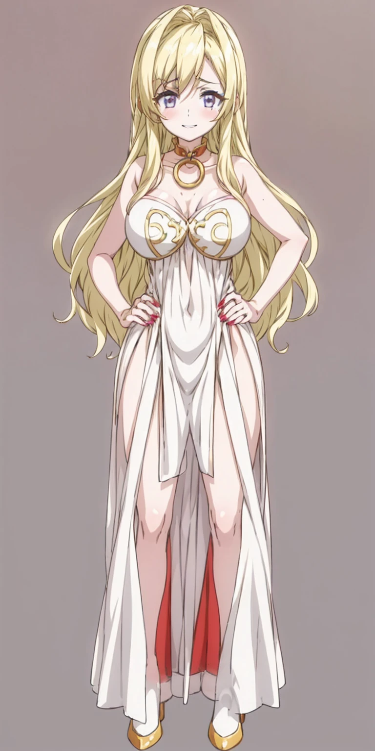 (plain background) (chest covered)(smile) gray skin, pale golden hair and violet eyes, huge knockers, full body standing symmetrical lustful smirking smile face red blush, pink painted nails, 1 girl full body standing straight symmetrical lustful smirking smile face red blushed, red cheeks, hands on hips