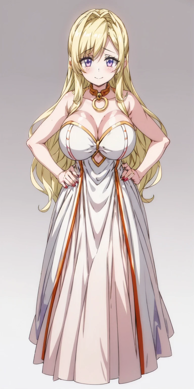 (plain background) (chest covered)(smile) gray skin, pale golden hair and violet eyes, huge knockers, full body standing symmetrical lustful smirking smile face red blush, pink painted nails, 1 girl full body standing straight symmetrical lustful smirking smile face red blushed, red cheeks, hands on hips