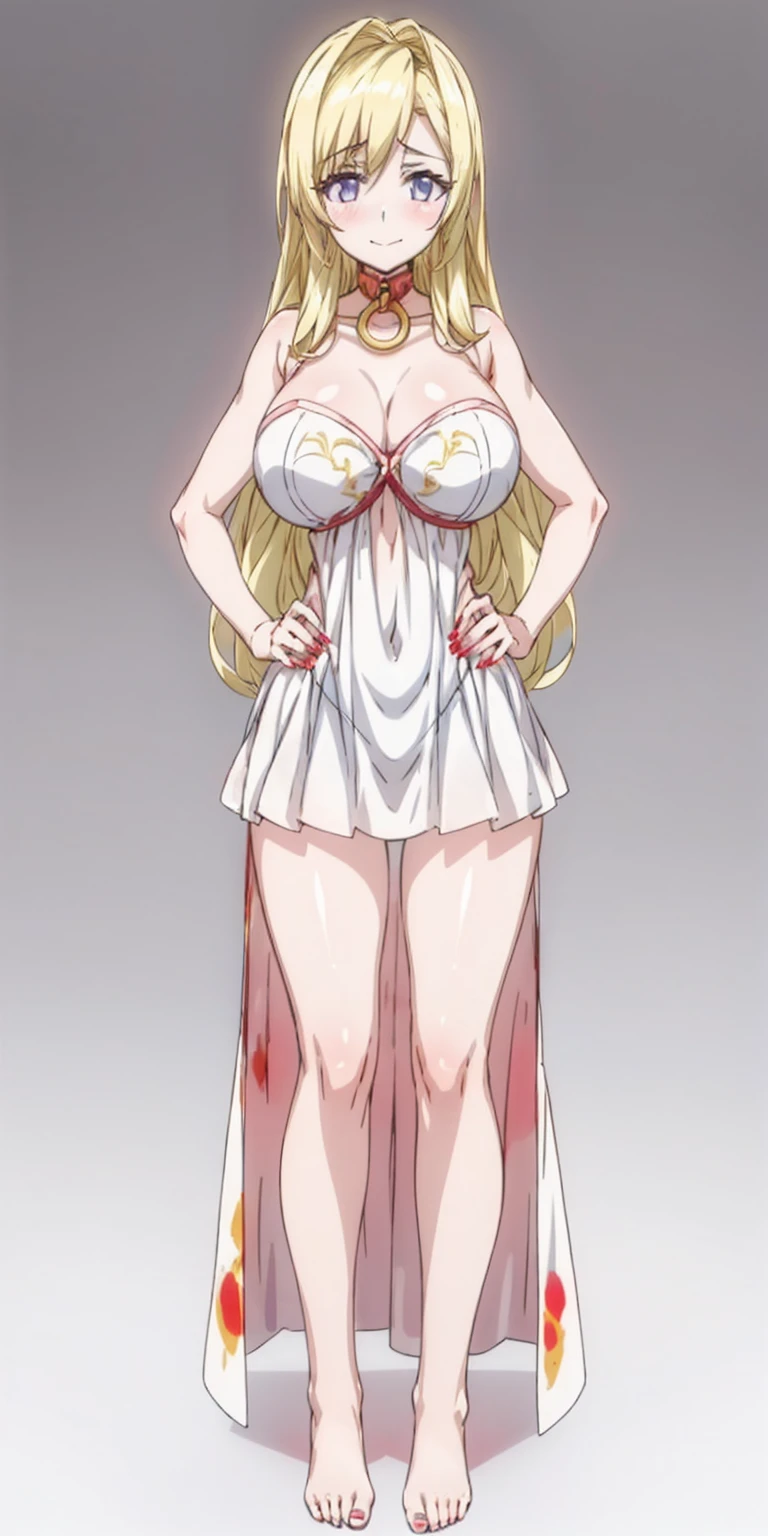 (plain background) (chest covered)(smile) gray skin, pale golden hair and violet eyes, huge knockers, full body standing symmetrical lustful smirking smile face red blush, pink painted nails, 1 girl full body standing straight symmetrical lustful smirking smile face red blushed, red cheeks, hands on hips