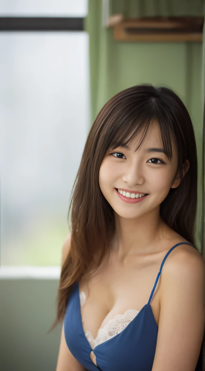 masterpiece,best quality,(Japanese ),((Beautiful girl)),cleavage,indoor,(perfect body beauty:1.2),(shy smile),beautiful teeth,