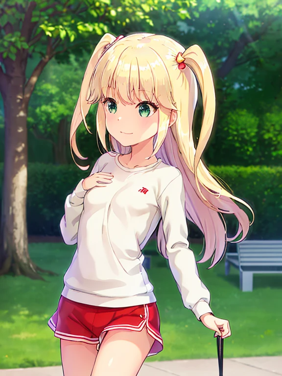 Shi○ru○, 1 girl, highest quality, Very detailed, (masterpiece), (figure), School, Outdoor , Long sleeve, Blonde, Long Hair, Green Eyes, Both sides up, Eyebrows visible through hair, Shine, bangs, Shine, Flat Chest,White gym clothes,Red Bloomers,nude,topless,Cum on my chest,Vaginal,Sex,