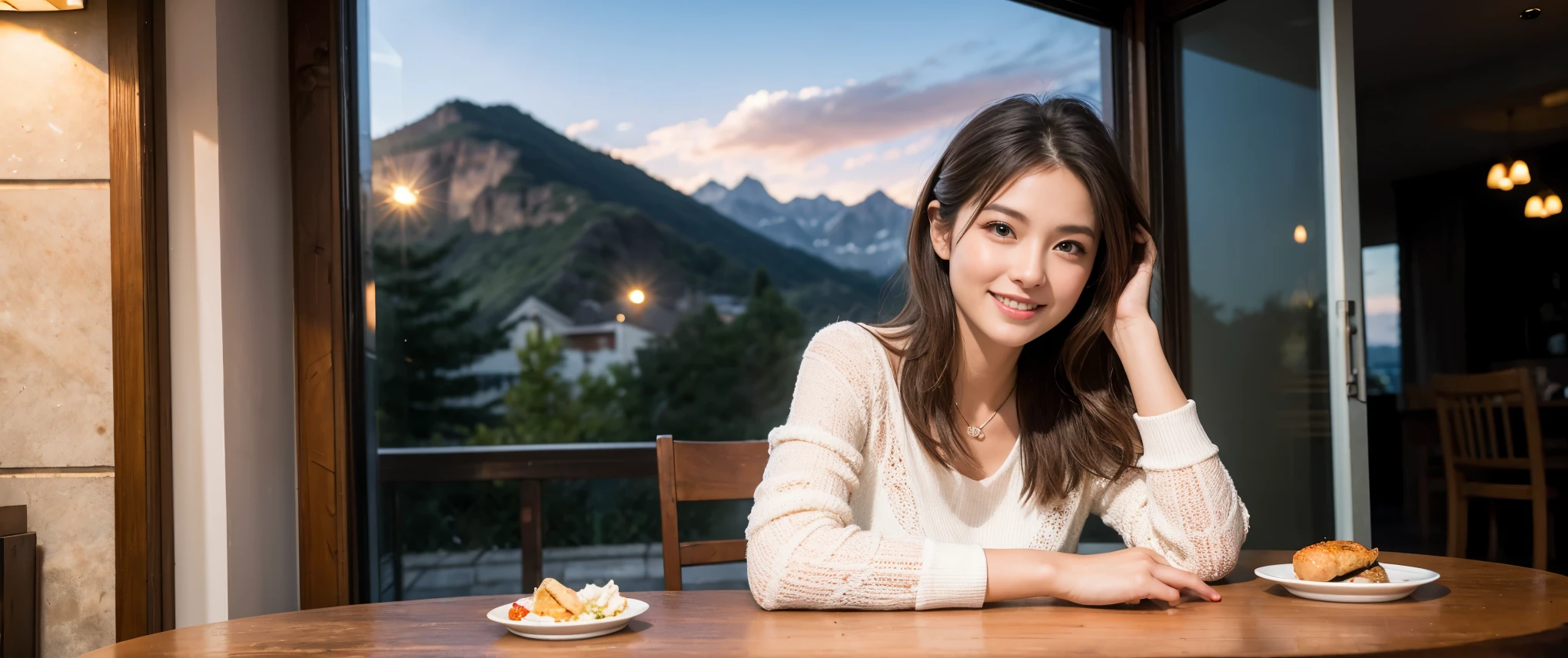((highest quality、8k、masterpiece:1.3))、Sharp focus:1.2、Beautiful woman perfect body:1.4、slimなボディ、((Bob Hale、Straight hair:1.2))、(to be born, highest quality, masterpiece:1.5), (Realistic, Intricate details:1.2), Ultra-high resolution, Amazing view of the sunset sky and clouds、Amazing mountain views、ニコニコ明るいsmile、smileの素敵な女性、Bright image、2. The beauty of wine, Beautiful Face, blue eyes, The light shines on your face, Blushing, short hair,Bright Face、Fox face、 (42 years old), 39 years old, Lady、red wine 、Appetizers、Italian food、Wine bottle、Champagne、sparkling wine、Two beauties、Brown Hair、Shortcuts、Long sleeve shirt、dress、Pretty Woman 1, (slimな顔), (The body is slim), (Brown Hair), (Shortcuts), cheeks turn a little red,Attractive beauty、, Out of the window, A beautiful and detailed night view unfolds.........., restaurant, In a prominent place (From the waist up) Nova Frog Style, actress, model, Upper Body, White wine, slim, wine glass, 真ん中に置かれたwine glass, smile, (smile: 1.15), Beautiful fine grain, Depth f/2,saturation, High Contrast, Strong light and shadow,Moist Body:1.5、3D texture、Delicate eyes、Brown Hair、The hair is very shiny、