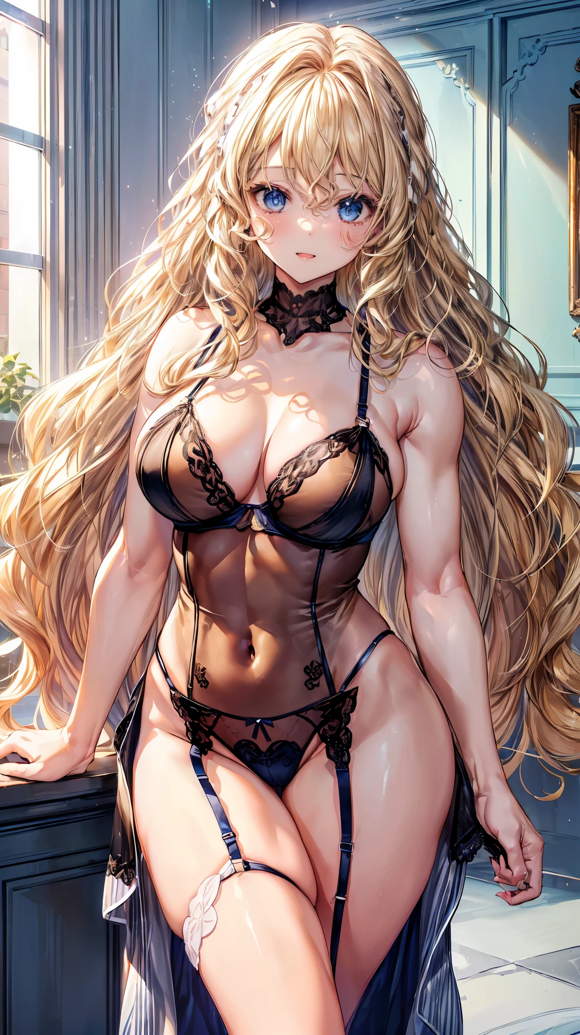 (Adult women:1.5)、Very detailed、highest quality、Best image quality、masterpiece、8k、Anime Face、A kind smile、(Open your mouth:1.3)、Sparkling blue eyes、(Blonde Wavy Hair:1.5)、、Muscles of the whole body、(High leg:1.5)、Thigh belt、(Wearing black lingerie:1.5)、(Cowboy Shot:1.5)、(SFW Giant)、(Put your hands on your hips)