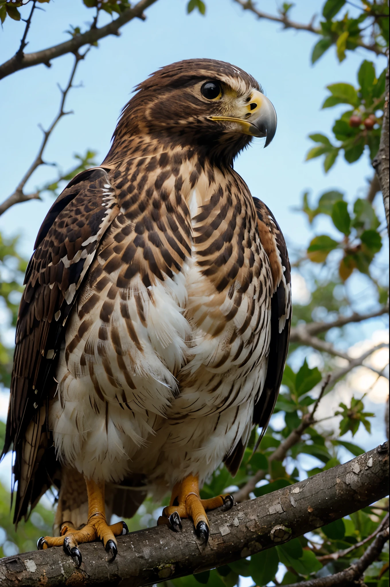 falcon sitting on a branch close-up, looking at vewer, looking at camera