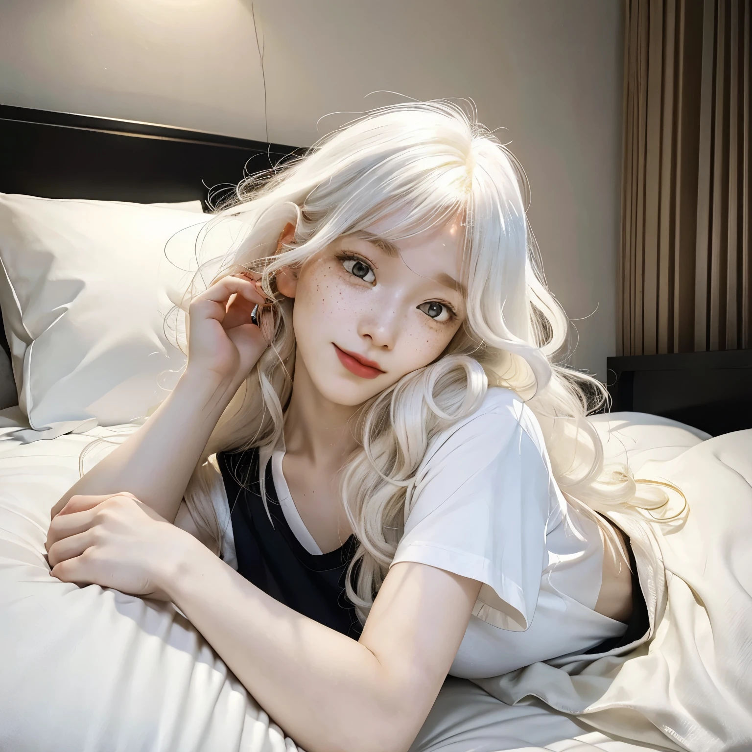 Animated Art. Sexy albino androgynous adult man with long curly hair, white skin, freckles, delicate features, yellow eyes, sleepy expression, flirtatious smile, defined pecs, distracted looking away, loose, black t-shirt, lying face down on a bed. morning atmosphere