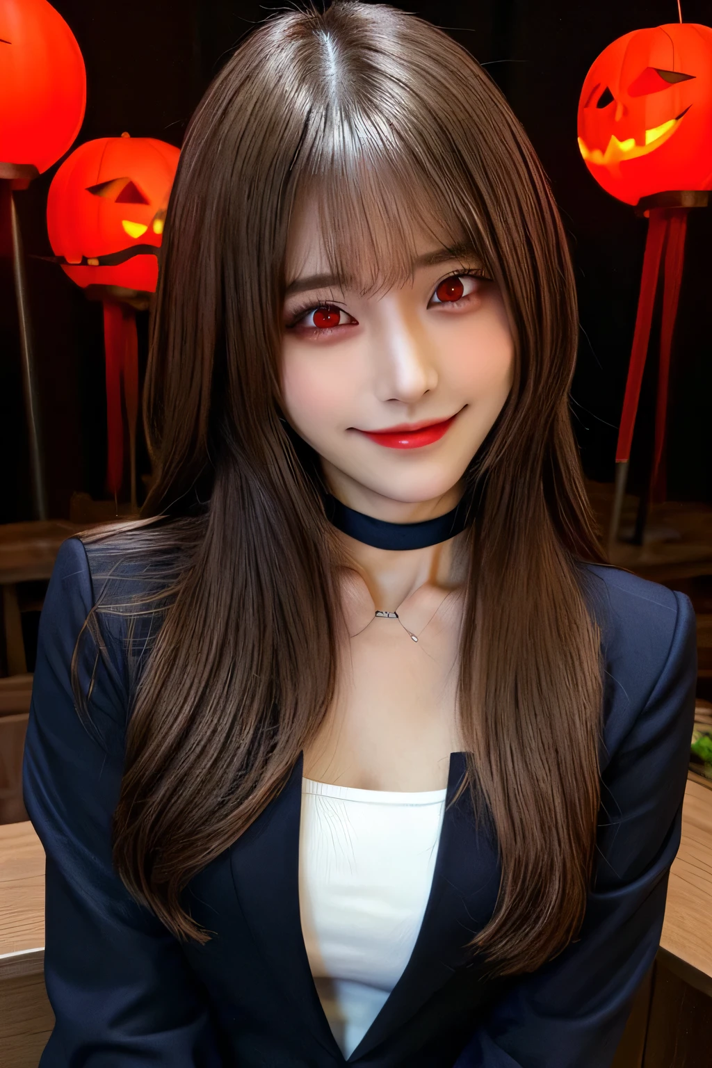 masterpiece, 1 mature woman per photo, Cute Japanese Secretary, Very cute face, Glossy Lips, Double eyelids on both eyes, Natural Makeup, (Brown Hair , Long Bob Hair), Asymmetrical bangs, High resolution, Attention to detail, Detailed hairstyle, Detailed face, Cinema Lighting, Octane Rendering, Ultra-realistic, Perfect limbs, Perfect Anatomy, ((Black choker:1.2)), Red eyes, Big Breasts, ((The body is slim:1.5)), Cool Beauty, Slim face, smile, Fantasy World, ((Straight Long Hair)), Wooden wall, Wooden desk, Wooden chair, Big Breasts, (uniform, Navy blue blazer), document, coin, book, pen, sitting at a desk, I am writing a diary., High nose, Guess face, A sadistic smile, Grin, Wicked Smile, ((Red glowing eyes, Spooky Woman, Horror)), gesugao