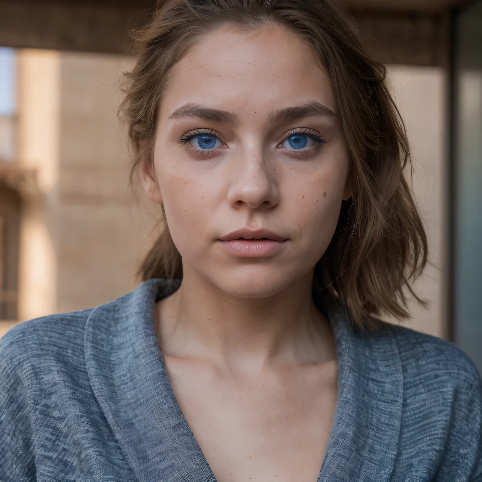 photo of a college student, in Desert Color Coarse Linen Pink,Desert Color Coarse Linen, (freckles:0.8) cute face, sci-fi, dystopian, detailed eyes, Heterochromia eyes((Side view))(Dune 2)((Cobalt blue eyes))