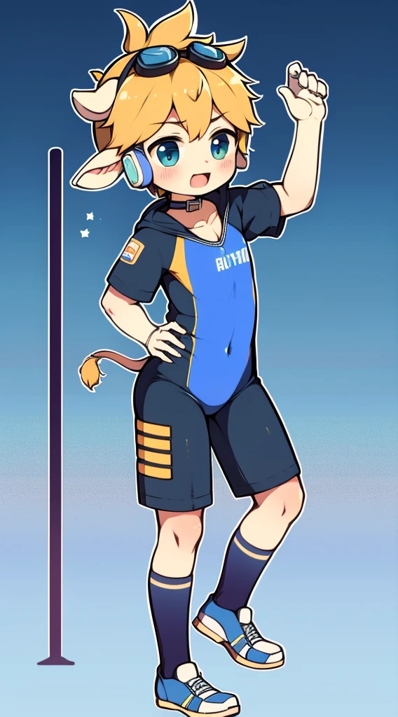 Two-dimensional boy，One-piece mountaineering suit，horn，Cow ears，Put the headphones on your head，stand up，goggles，sports shoes，Slim，Sailor collar，Knee socks，Short sleeve，Leg ring，cute，happy