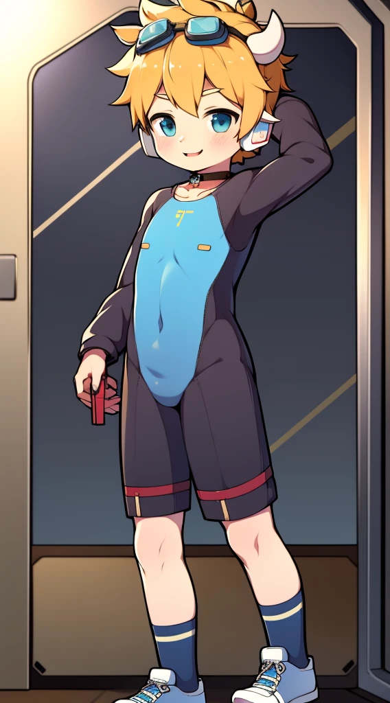 Two-dimensional boy,One-piece mountaineering suit,horn,Cow ears,Put the headphones on your head,stand up,goggles,sports shoes,Slim,Sailor collar,Knee socks,Short sleeve,Leg ring,cute,happy