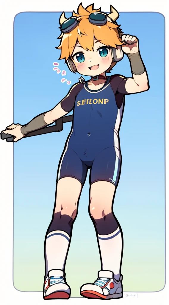 Two-dimensional boy，One-piece mountaineering suit，horn，Cow ears，Put the headphones on your head，stand up，goggles，sports shoes，Slim，Sailor collar，Knee socks，Short sleeve，Leg ring，cute，happy