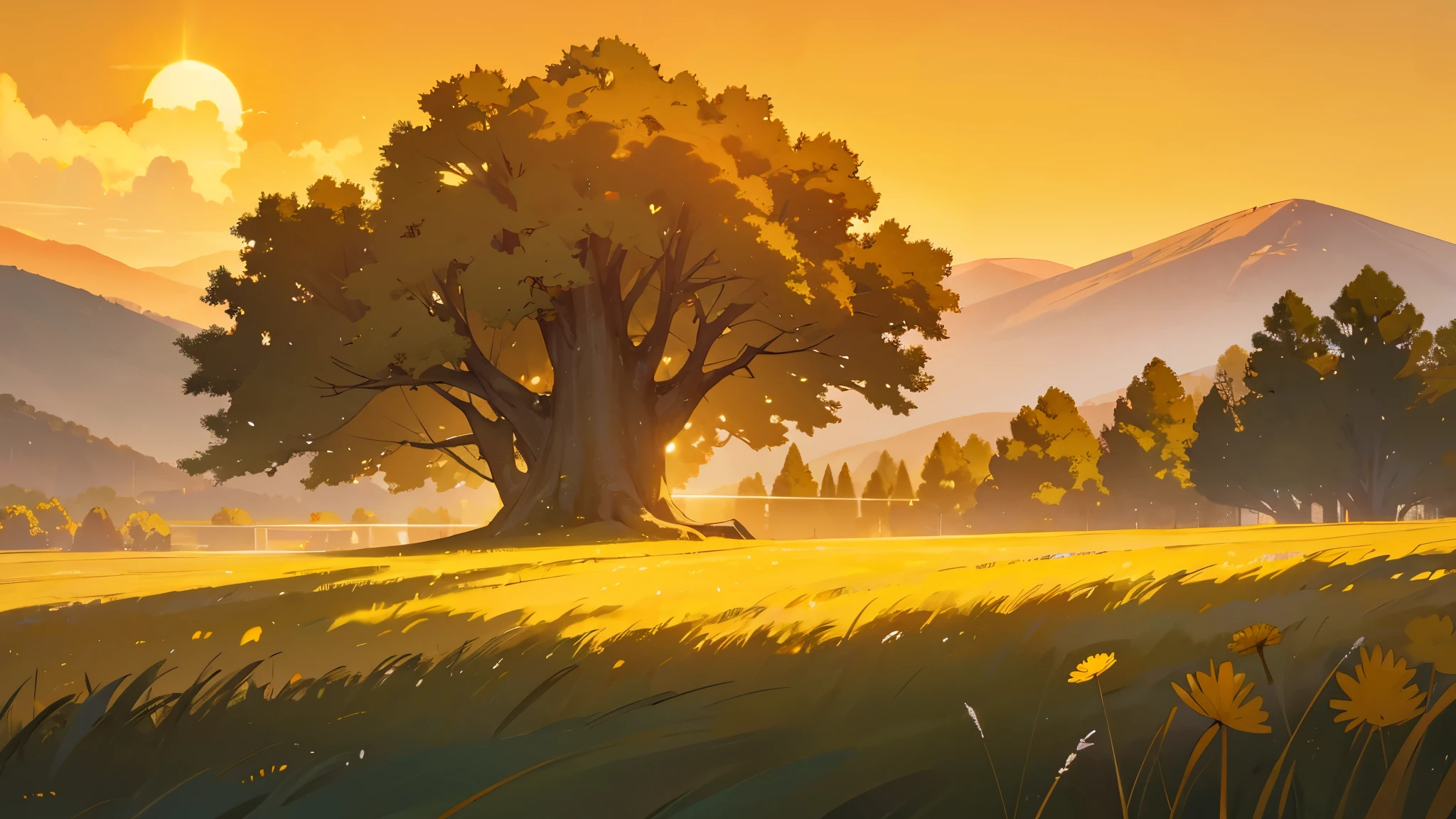 Landscape, orange yellowish sky, mountains in the background, trees, wavy grass , yellow and white flowers, sun with tyndall effect, dandelions, Big tree in foreground , 4k, high res, 