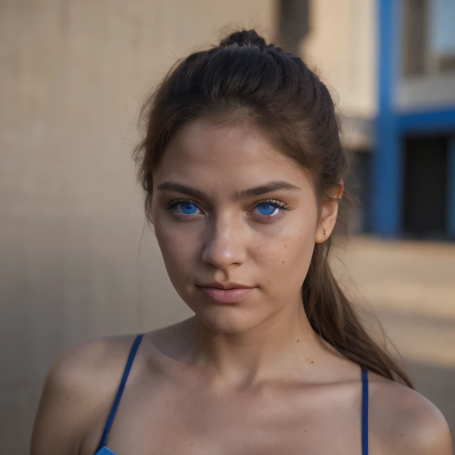 photo of a college student, in Desert Color Coarse Linen Pink,Desert Color Coarse Linen, (freckles:0.8) cute face, sci-fi, dystopian, detailed eyes, Heterochromia eyes（（Side view））（Dune 2）((Cobalt blue eyes))