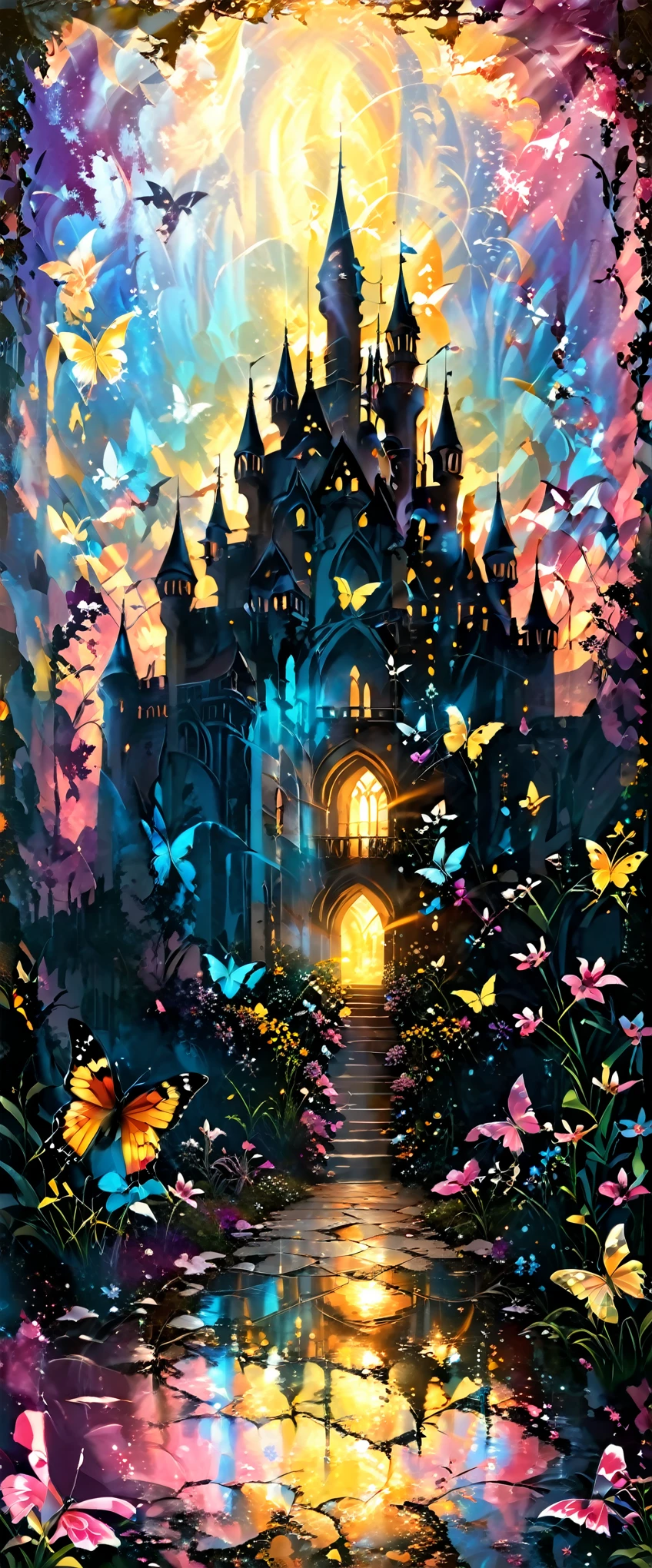 a very beautiful castle/(full body/),colorful butterflies,many flowers and petals,colorful,pastel color, BREAK ,quality\(8k,wallpaper of extremely detailed CG unit, ​masterpiece,hight resolution,top-quality,top-quality real texture skin,hyper realisitic,increase the resolution,RAW photos,best qualtiy,highly detailed,the wallpaper,cinematic lighting,ray trace,golden ratio,\),focus on castle,landscape