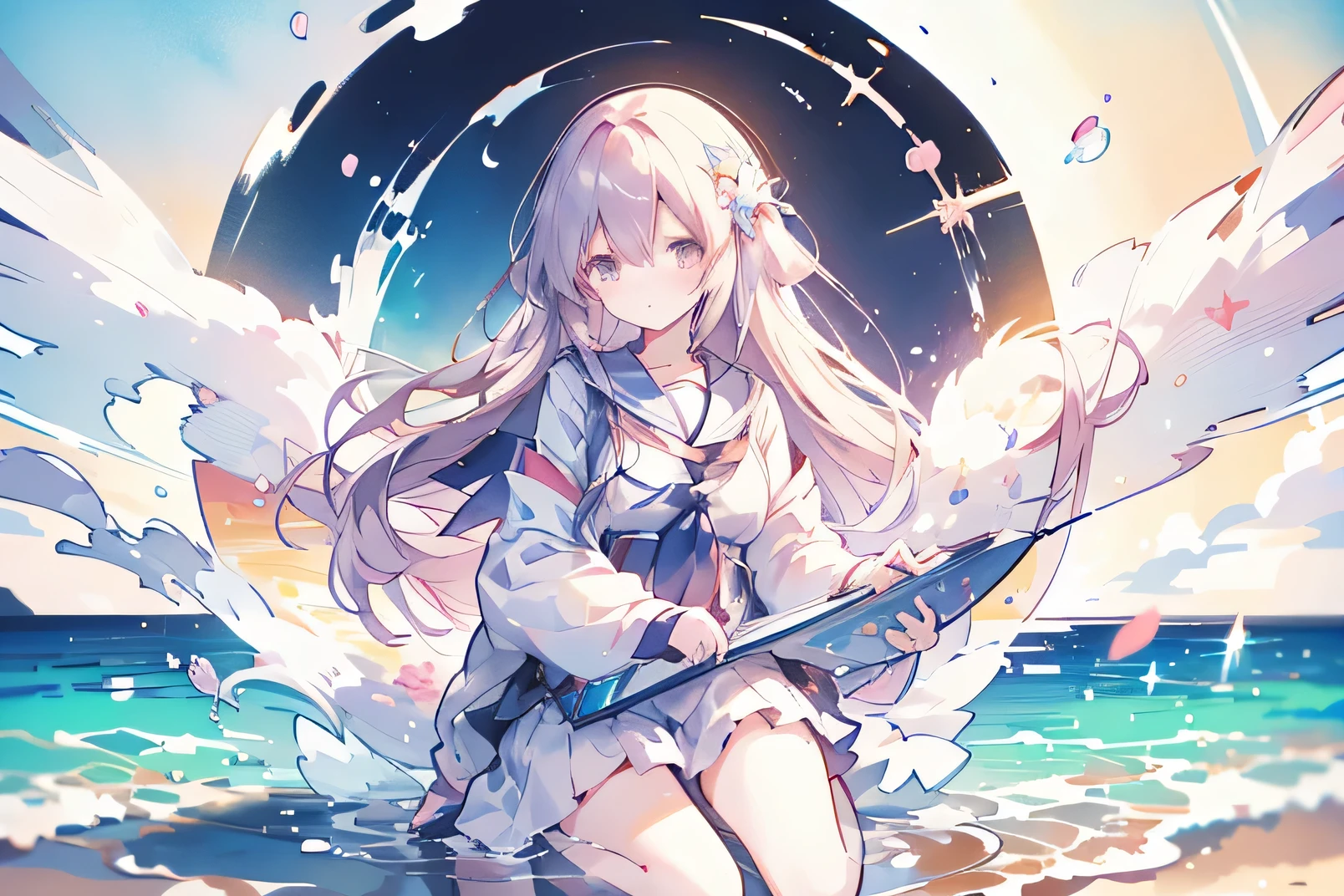 Anime girl sitting on a surfboard on the beach with flowers in her hands, Anime drawing by Kamaguruka, pixiv Contest Winner, Conceptual Art, Splash Art Anime , Kantai Collection Style, Official Artwork, , artstation pixivでトレンド, Official Art, Cute girl anime visuals, I deny that
