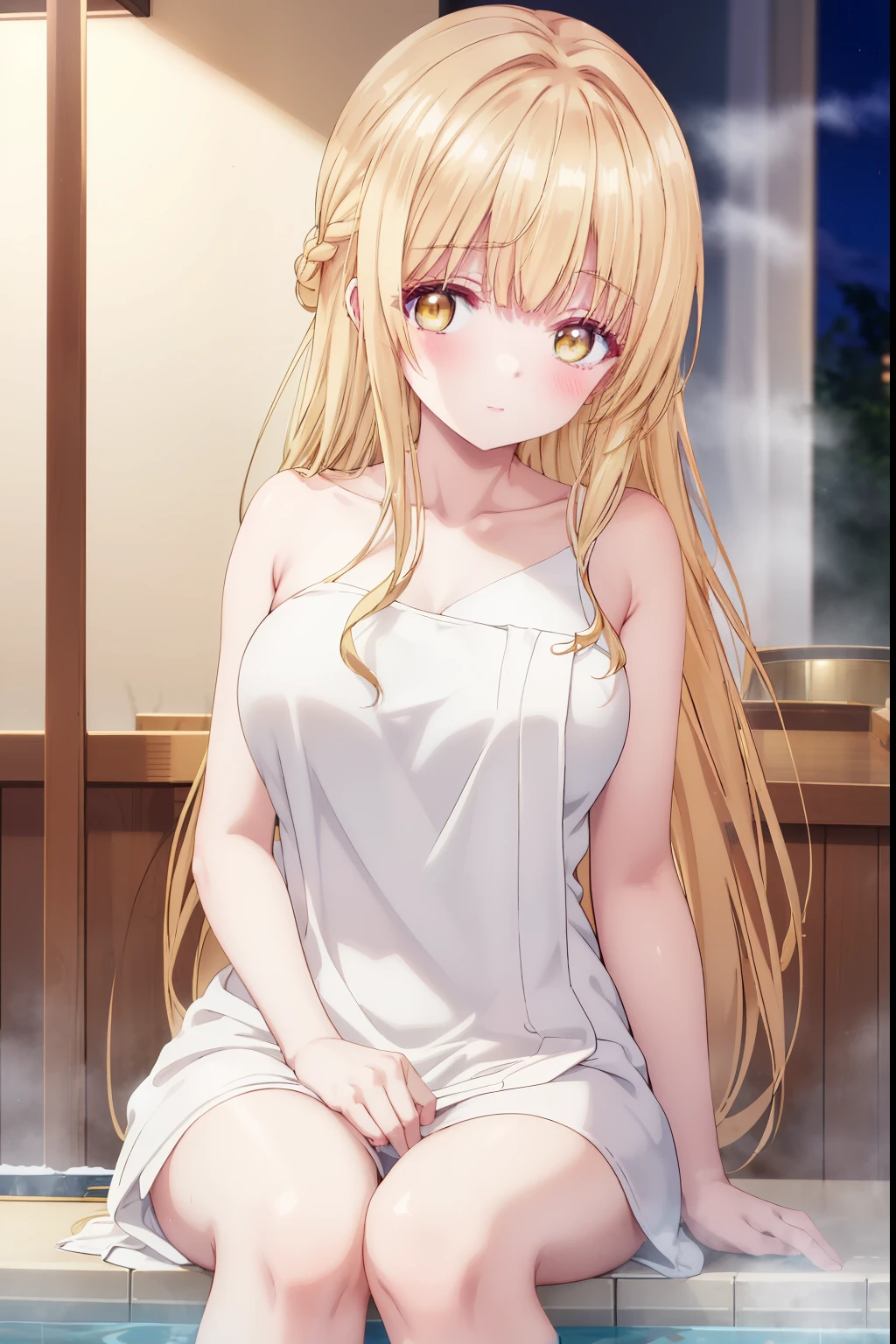 Mahiru shiina, , blonde, (Yellow Eyes:1.3)、Braided long hair,,blush,smile,night、Captivating thighs、美しいnaked脚, Bath towel appearance、hot spring、Wrapped in a bath towel、naked
(masterpiece:1.2), highest quality, High resolution, unity 8k wallpaper, (shape:0.8), (Beautiful and beautiful eyes:1.6), Highly detailed face, Perfect lighting, Extremely detailed CG, (Perfect hands, Perfect Anatomy),
