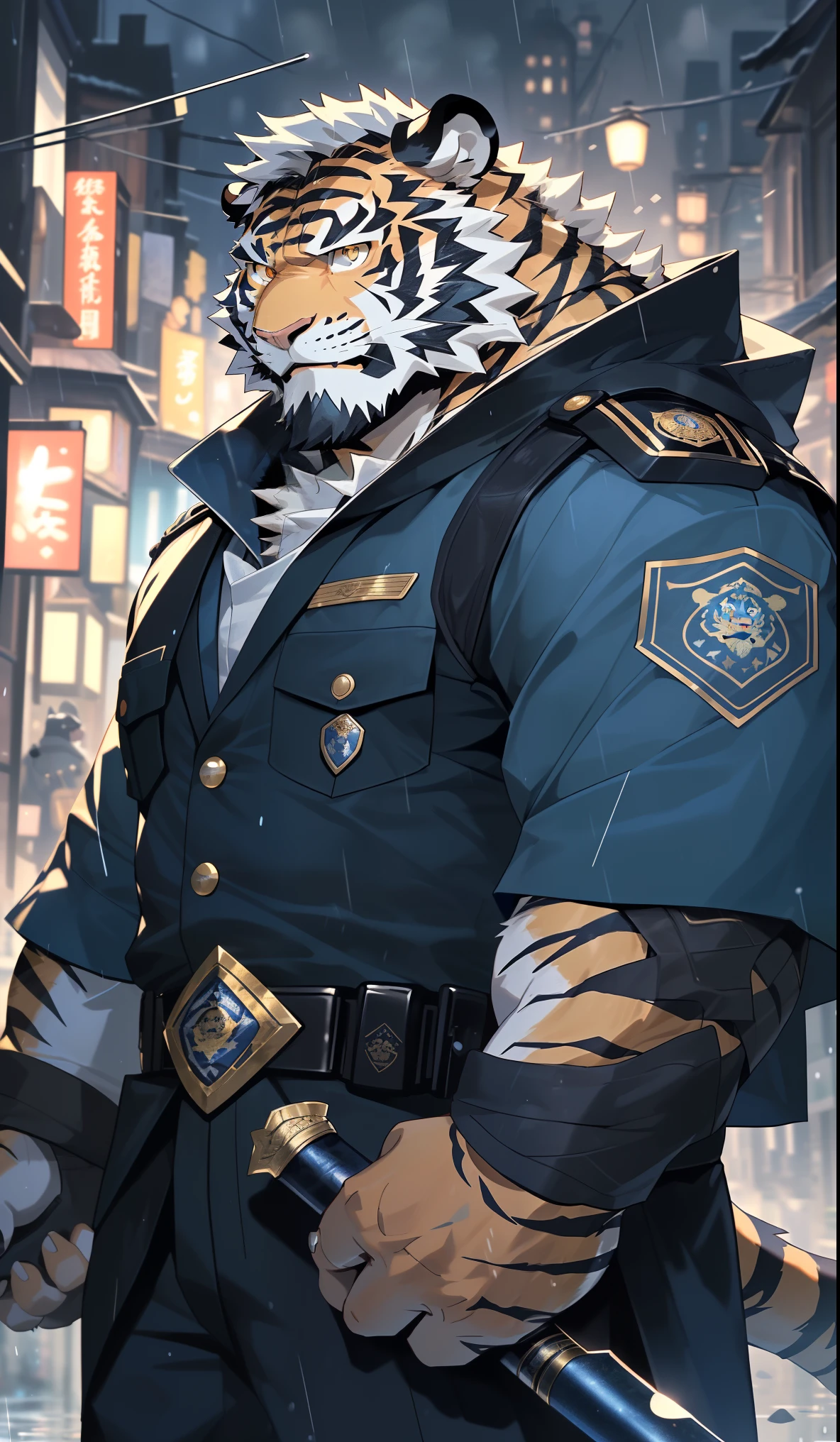 hairy,(tiger,Blue police uniform:1.3)beard,Golden pupils,Golden fur,With a truncheon,Look up,male,vigilante,Half-length photo,Rainy night background,Real background,极其lifelike阴影,masterpiece,Very detailed,lifelike。