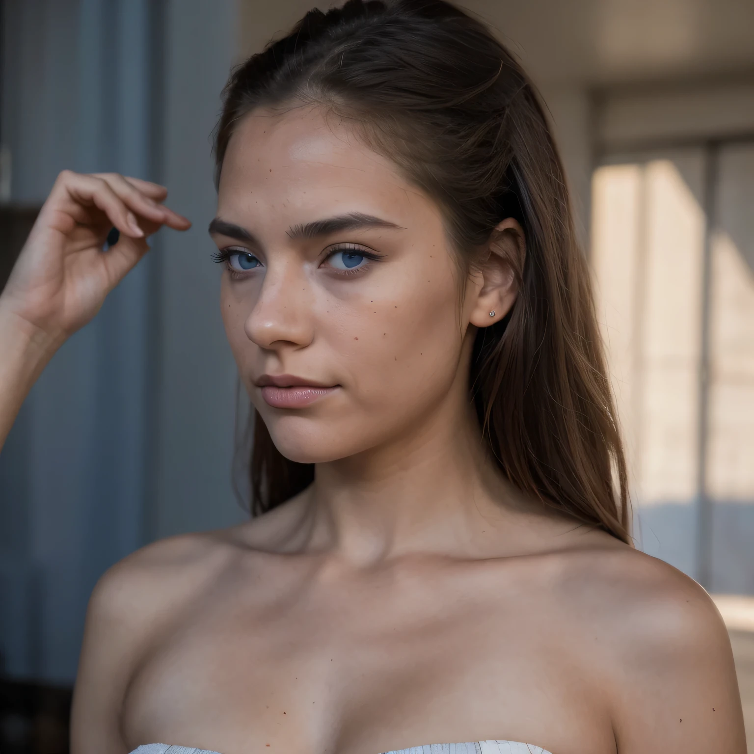 photo of a college student, in Desert Color Coarse Linen Pink,Desert Color Coarse Linen, (freckles:0.8) cute face, sci-fi, dystopian, detailed eyes, Heterochromia eyes（（Side view））（Dune 2）((Cobalt blue eyes))