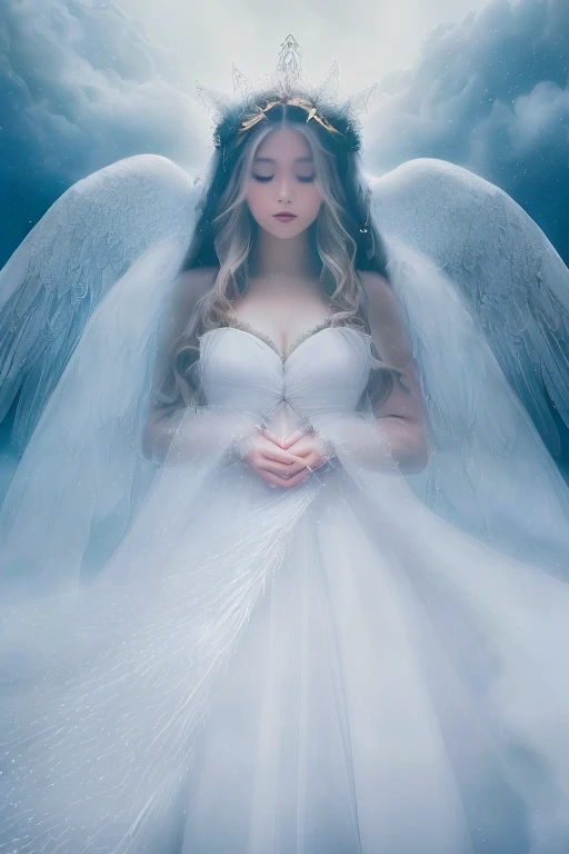 (Masterpiece, best quality), A woman clad in ethereal white gown, stands before a heavenly dream castle, surrounded by fluffy clouds and a halo of soft, warm light, her gorgeous face radiating a sense of tremendous beauty, majesty, and dazzling brilliance, (Ultra-high resolution:1.5), (Photorealistic:1.6), 1 girl, long, flowing, wavy hair, perfectly curled, cascading down her shoulders, (Gentle, heavenly theme:1.4), (Angelic fashion:1.5), (Headdress:1.3), (Wedding-style long train:1.