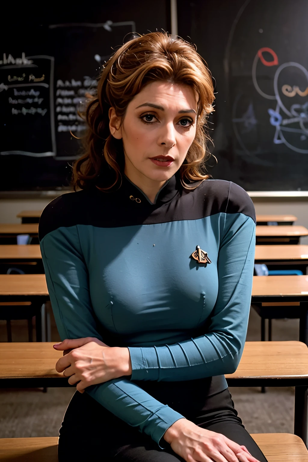 A photo of an old woman in  sitting in the classroom.
normal breasts, looking to the viewer, chalkboard.
