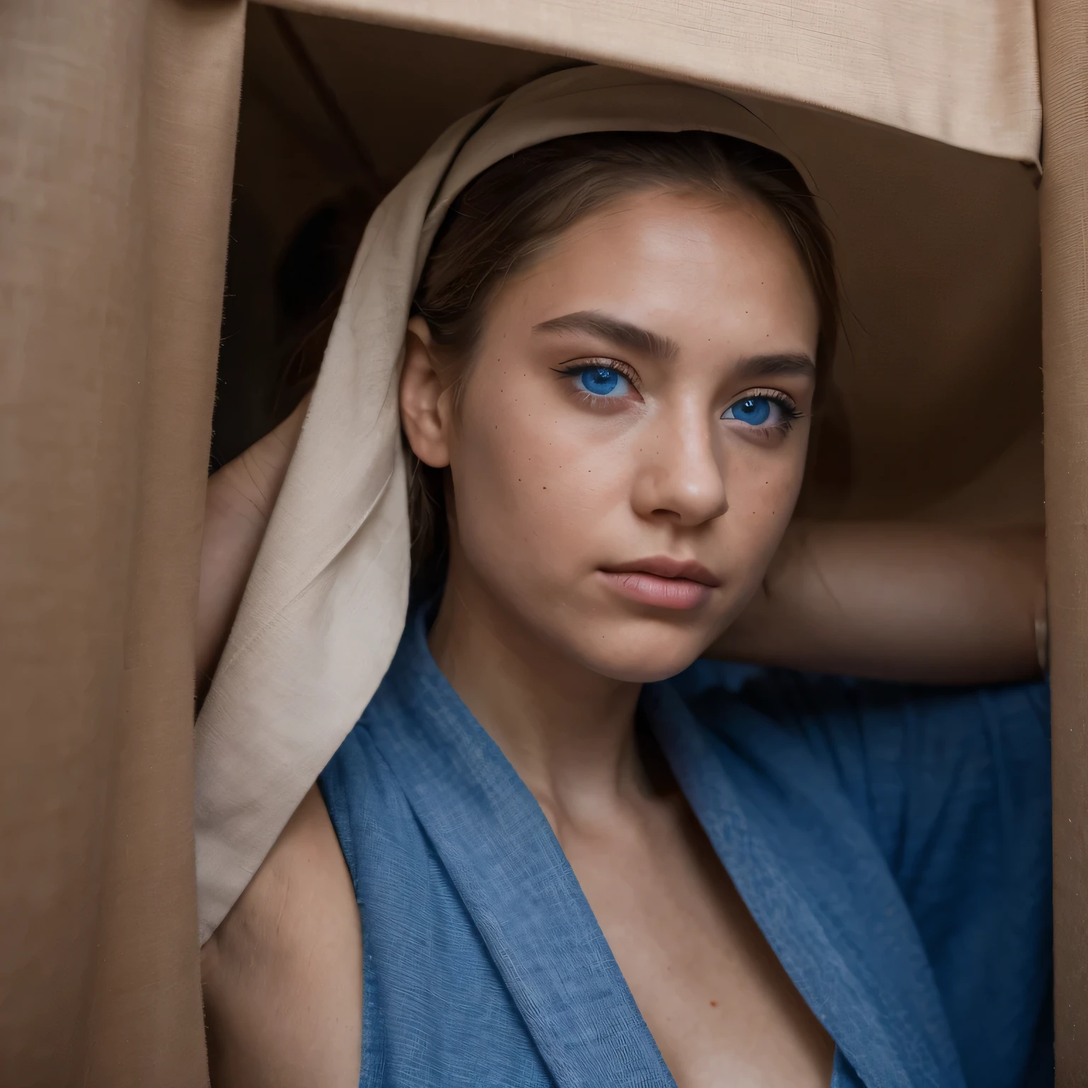 photo of a college student, in Desert Color Coarse Linen Pink,Desert Color Coarse Linen, (freckles:0.8) cute face, sci-fi, dystopian, detailed eyes, Heterochromia eyes((Side view))(Dune 2)((Cobalt blue eyes))