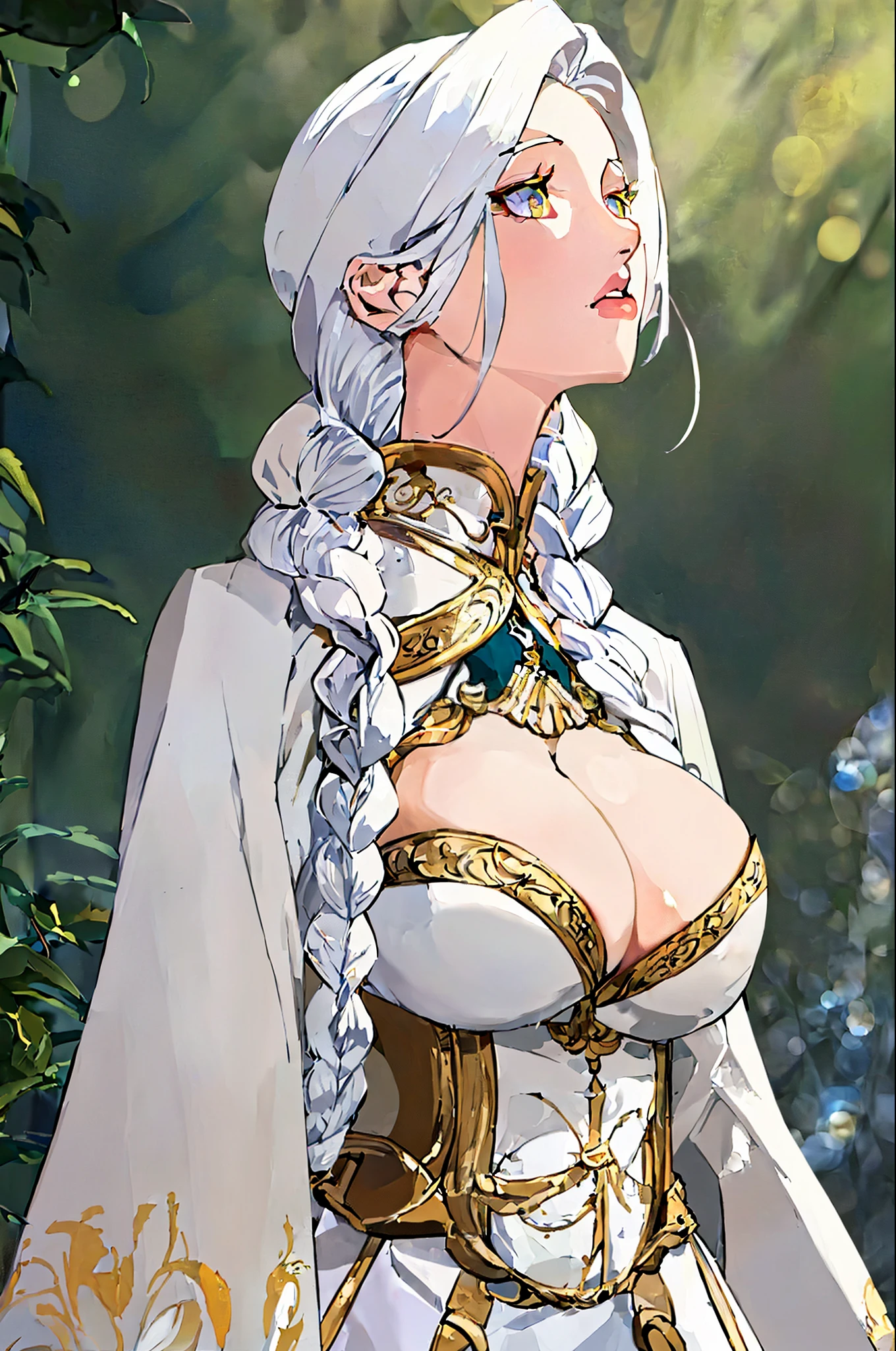 best quality, masterpiece,white hair, gold eyes,white clothes, looking up, upper body,hair strand,Fair skin,side braids,large breasts