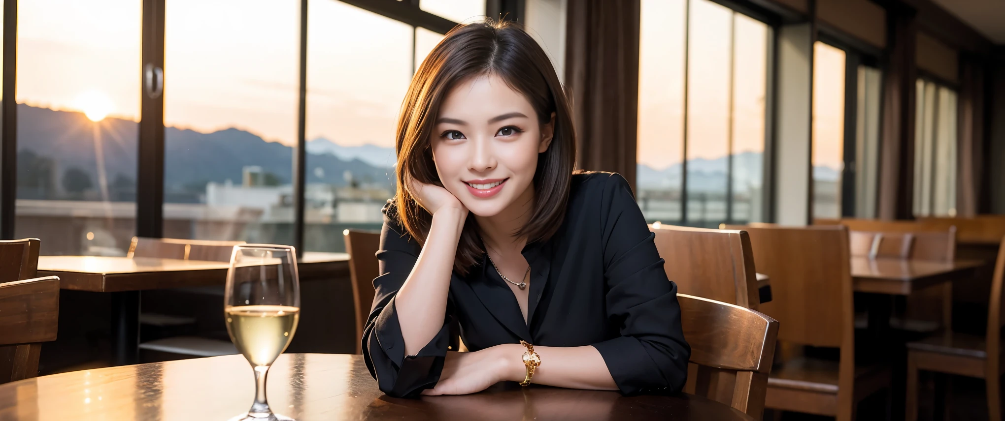 ((highest quality、8k、masterpiece:1.3))、Sharp focus:1.2、Beautiful woman perfect body:1.4、slimなボディ、((Bob Hale、Straight hair:1.2))、(to be born, highest quality, masterpiece:1.5), (Realistic, Intricate details:1.2), Ultra-high resolution, Amazing view of the sunset sky and clouds、Amazing mountain views、ニコニコ明るいsmile、smileの素敵な女性、Bright image、2. The beauty of wine, Beautiful Face, blue eyes, The light shines on your face, Blushing, short hair,Bright Face、Fox face、 (42 years old), 39 years old, Lady、red wine 、Appetizers、Italian food、Wine bottle、Champagne、sparkling wine、Two beauties、Brown Hair、Shortcuts、Long sleeve shirt、dress、Pretty Woman 1, (slimな顔), (The body is slim), (Brown Hair), (Shortcuts), cheeks turn a little red,Attractive beauty、, Out of the window, A beautiful and detailed night view unfolds.........., restaurant, In a prominent place (From the waist up) Nova Frog Style, actress, model, Upper Body, White wine, slim, wine glass, 真ん中に置かれたwine glass, smile, (smile: 1.15), Beautiful fine grain, Depth f/2,saturation, High Contrast, Strong light and shadow,Moist Body:1.5、3D texture、Delicate eyes、Brown Hair、The hair is very shiny、