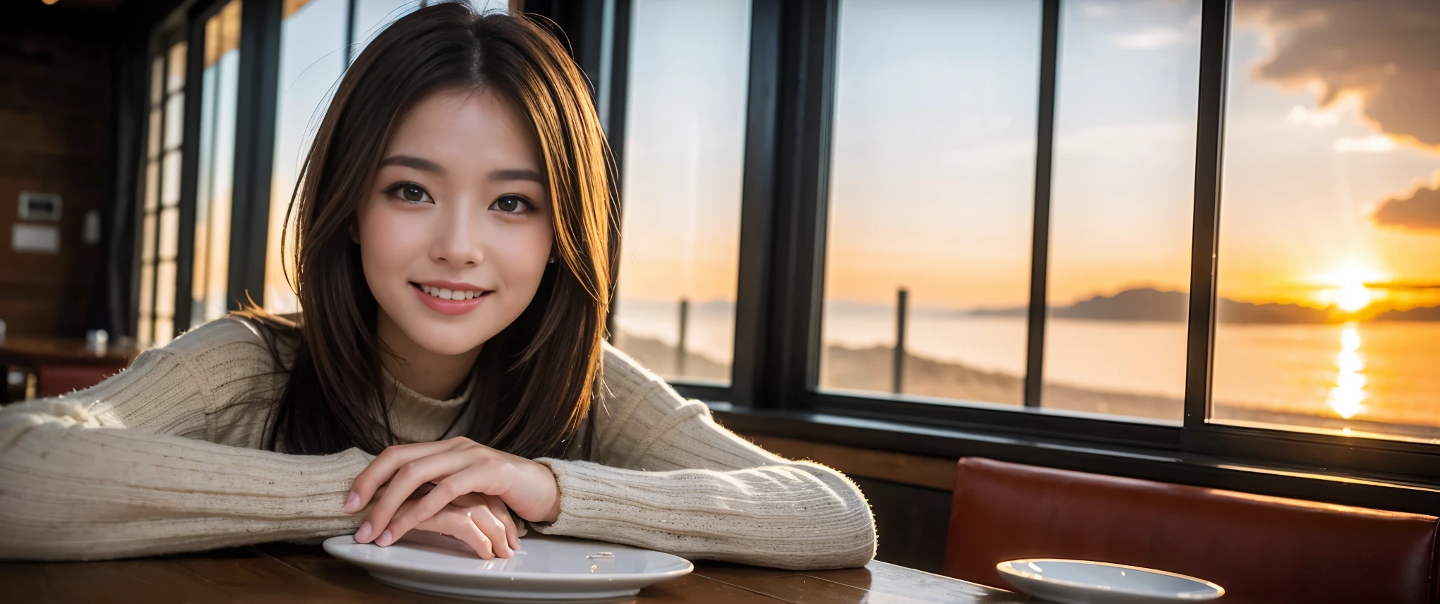 ((highest quality、8k、masterpiece:1.3))、Sharp focus:1.2、Beautiful woman perfect body:1.4、slimなボディ、((Bob Hale、Straight hair:1.2))、(to be born, highest quality, masterpiece:1.5), (Realistic, Intricate details:1.2), Ultra-high resolution, Amazing view of the sunset sky and clouds、Amazing mountain views、ニコニコ明るいsmile、smileの素敵な女性、Bright image、2. The beauty of wine, Beautiful Face, blue eyes, The light shines on your face, Blushing, short hair,Bright Face、Fox face、 (42 years old), 39 years old, Lady、red wine 、Appetizers、Italian food、Wine bottle、Champagne、sparkling wine、Two beauties、Brown Hair、Shortcuts、Long sleeve shirt、dress、Pretty Woman 1, (slimな顔), (The body is slim), (Brown Hair), (Shortcuts), cheeks turn a little red,Attractive beauty、, Out of the window, A beautiful and detailed night view unfolds.........., restaurant, In a prominent place (From the waist up) Nova Frog Style, actress, model, Upper Body, White wine, slim, wine glass, 真ん中に置かれたwine glass, smile, (smile: 1.15), Beautiful fine grain, Depth f/2,saturation, High Contrast, Strong light and shadow,Moist Body:1.5、3D texture、Delicate eyes、Brown Hair、The hair is very shiny、