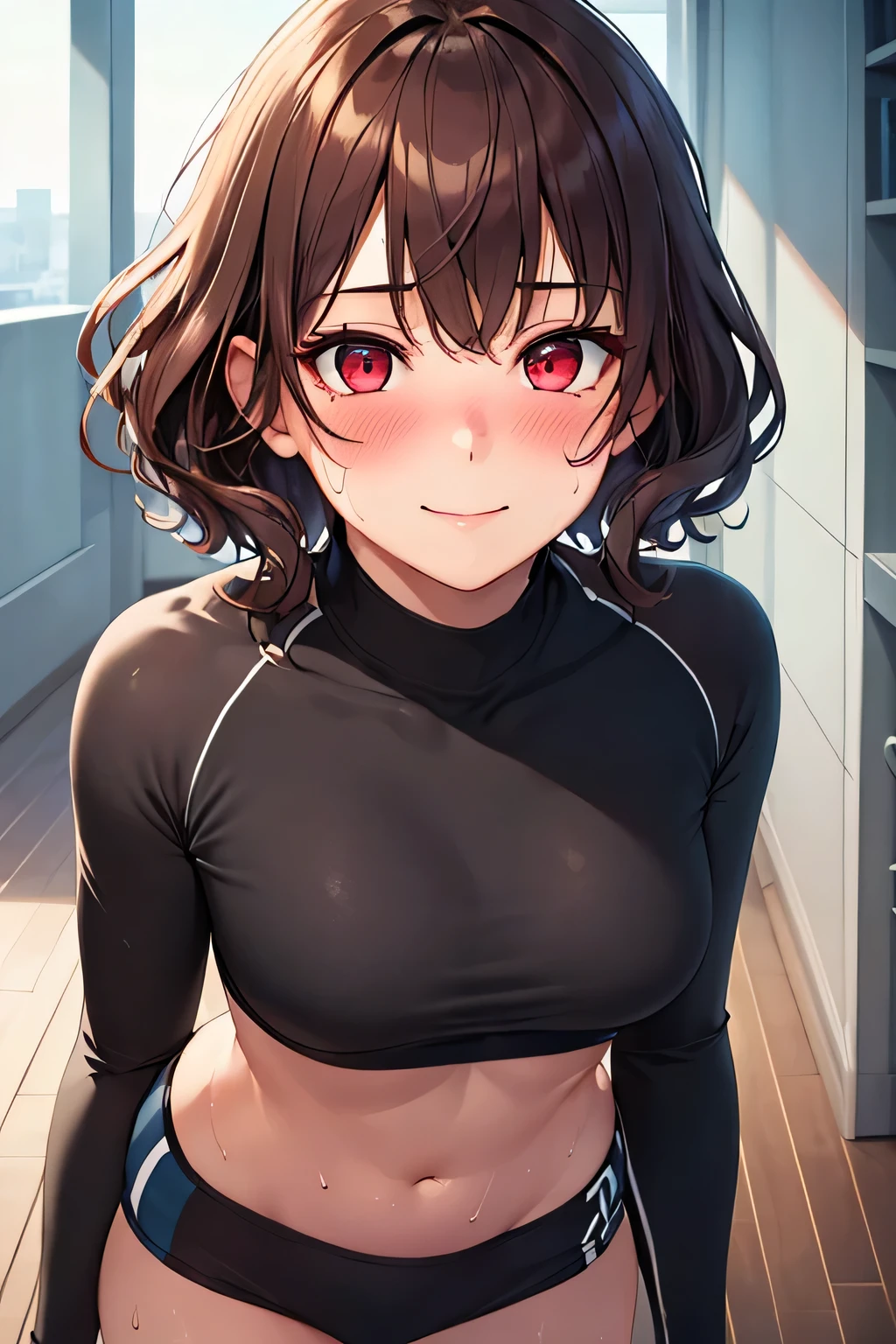 ((highest quality, High resolution, Perfect Pixel, Written boundary depth, 8k)), 1 girl, high school student, beautiful girl, beautiful girl, (Detailed face, Perfect Face), Baby Face,((Red eyes:1.4, Beautiful eyelashes, Realistic eyes)), ( blush:1.4), smile, ((Brown Hair,short hair, Curly Hair:0.8)), ((Smooth texture:0.75, Realistic texture:0.65)), Sweaty skin:1.3, Medium chest, Perfect body, Firm stomach, (Separate uniform), Athletics part,