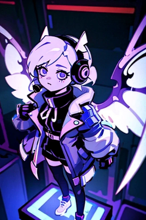 whole body, One Girl, fly wings,highest quality, Very detailed, anime, cyber punk, Open clothes,headset,on the stage,