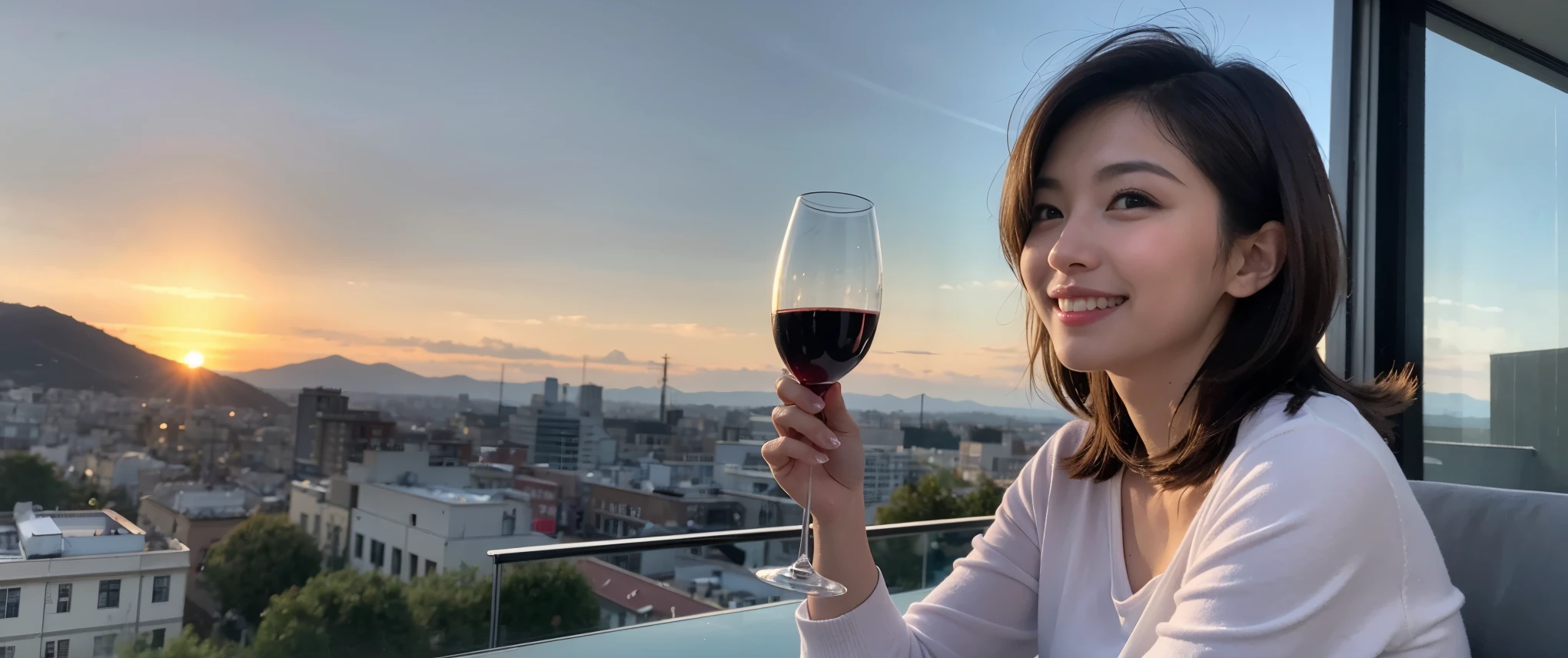 ((highest quality、8k、masterpiece:1.3))、Sharp focus:1.2、Beautiful woman perfect body:1.4、slimなボディ、((Bob Hale、Straight hair:1.2))、(to be born, highest quality, masterpiece:1.5), (Realistic, Intricate details:1.2), Ultra-high resolution, Amazing view of the sunset sky and clouds、Amazing mountain views、ニコニコ明るいsmile、smileの素敵な女性、Bright image、2. The beauty of wine, Beautiful Face, blue eyes, The light shines on your face, Blushing, short hair,Bright Face、Fox face、 (42 years old), 39 years old, Lady、red wine 、Appetizers、Italian food、Wine bottle、Champagne、sparkling wine、Two beauties、Brown Hair、Shortcuts、Long sleeve shirt、dress、Pretty Woman 1, (slimな顔), (The body is slim), (Brown Hair), (Shortcuts), cheeks turn a little red,Attractive beauty、, Out of the window, A beautiful and detailed night view unfolds.........., restaurant, In a prominent place (From the waist up) Nova Frog Style, actress, model, Upper Body, White wine, slim, wine glass, 真ん中に置かれたwine glass, smile, (smile: 1.15), Beautiful fine grain, Depth f/2,saturation, High Contrast, Strong light and shadow,Moist Body:1.5、3D texture、Delicate eyes、Brown Hair、The hair is very shiny、
