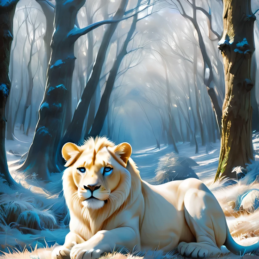 albino adult lion, ojos azules, melena esponjosa, 3D, primer plano, bosque nevado