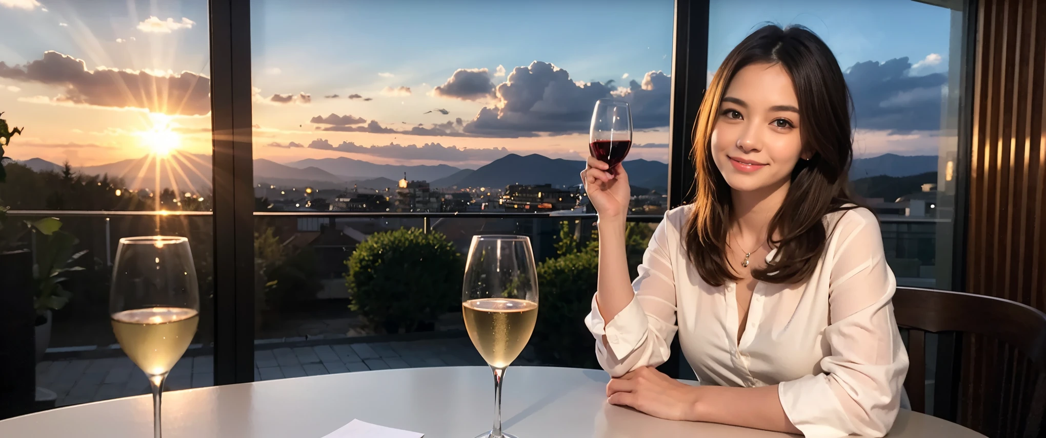 ((highest quality、8k、masterpiece:1.3))、Sharp focus:1.2、Beautiful woman perfect body:1.4、slimなボディ、((Bob Hale、Straight hair:1.2))、(to be born, highest quality, masterpiece:1.5), (Realistic, Intricate details:1.2), Ultra-high resolution, Amazing view of the sunset sky and clouds、Amazing mountain views、ニコニコ明るいsmile、smileの素敵な女性、Bright image、2. The beauty of wine, Beautiful Face, blue eyes, The light shines on your face, Blushing, short hair,Bright Face、Fox face、 (42 years old), 39 years old, Lady、red wine 、Appetizers、Italian food、Wine bottle、Champagne、sparkling wine、Two beauties、Brown Hair、Shortcuts、Long sleeve shirt、dress、Pretty Woman 1, (slimな顔), (The body is slim), (Brown Hair), (Shortcuts), cheeks turn a little red,Attractive beauty、, Out of the window, A beautiful and detailed night view unfolds.........., restaurant, In a prominent place (From the waist up) Nova Frog Style, actress, model, Upper Body, White wine, slim, wine glass, 真ん中に置かれたwine glass, smile, (smile: 1.15), Beautiful fine grain, Depth f/2,saturation, High Contrast, Strong light and shadow,Moist Body:1.5、3D texture、Delicate eyes、Brown Hair、The hair is very shiny、
