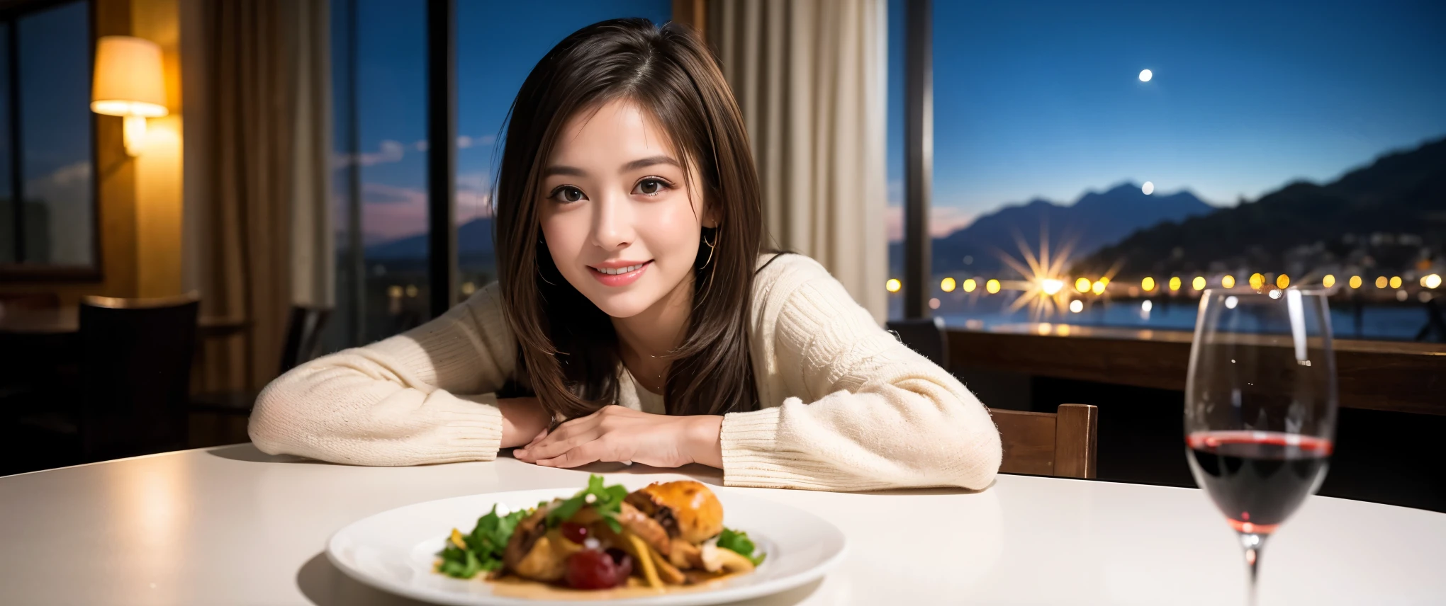 ((highest quality、8k、masterpiece:1.3))、Sharp focus:1.2、Beautiful woman perfect body:1.4、slimなボディ、((Bob Hale、Straight hair:1.2))、(to be born, highest quality, masterpiece:1.5), (Realistic, Intricate details:1.2), Ultra-high resolution, Amazing view of the sunset sky and clouds、Amazing mountain views、ニコニコ明るいsmile、smileの素敵な女性、Bright image、2. The beauty of wine, Beautiful Face, blue eyes, The light shines on your face, Blushing, short hair,Bright Face、Fox face、 (42 years old), 39 years old, Lady、red wine 、Appetizers、Italian food、Wine bottle、Champagne、sparkling wine、Two beauties、Brown Hair、Shortcuts、Long sleeve shirt、dress、Pretty Woman 1, (slimな顔), (The body is slim), (Brown Hair), (Shortcuts), cheeks turn a little red,Attractive beauty、, Out of the window, A beautiful and detailed night view unfolds.........., restaurant, In a prominent place (From the waist up) Nova Frog Style, actress, model, Upper Body, White wine, slim, wine glass, 真ん中に置かれたwine glass, smile, (smile: 1.15), Beautiful fine grain, Depth f/2,saturation, High Contrast, Strong light and shadow,Moist Body:1.5、3D texture、Delicate eyes、Brown Hair、The hair is very shiny、