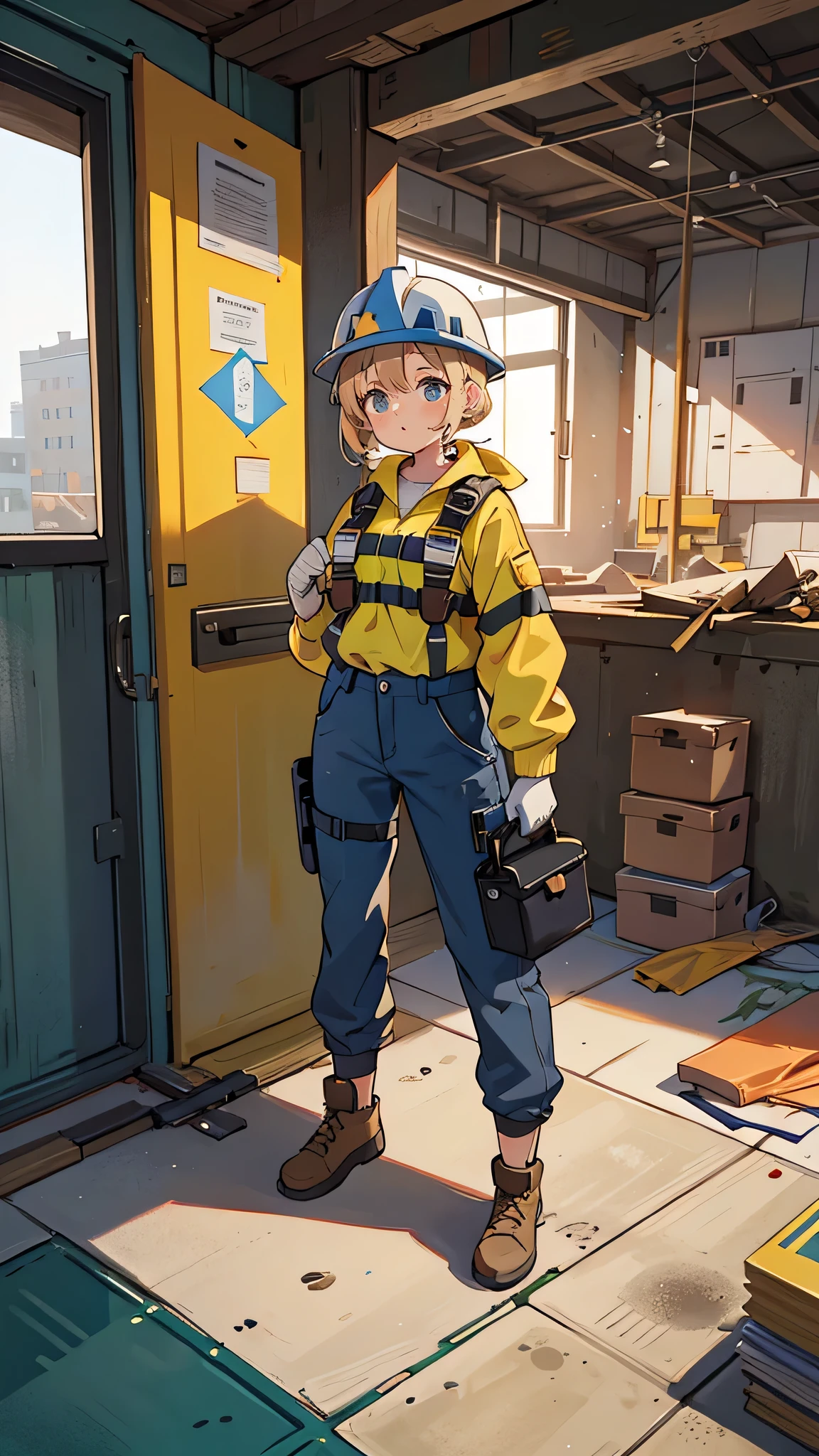 Girl at the construction site, wear long sleeve shirts, cargo pants, Helmet, Safety harness for working at height, and holding a Powerful methods in her hand.

(High resolution,4K,highest quality:1.2),Very detailed,(Realistic:1.37),Large-scale construction site,Professional,Industrial Lighting,Vibrant colors,Bokeh,Gritty atmosphere

[Construction worker], [Urban], [Dynamic pose], [Powerful methods], [security policy], [concrete], [crane], [Dust and debris], [Blueprint], [Construction Machinery], [steel frame], [Helmet], [Work gloves], [scaffold], [Construction site signage], [Noise and activity], [Yellow caution tape], [Sunlight and shadow], [Busy workers], [Dirt and mud], [Construction Vehicles], [Diligent] 

This Professional prompt、I hope it helps you to create something beautiful, Detailed images of girls working on a construction site.。.