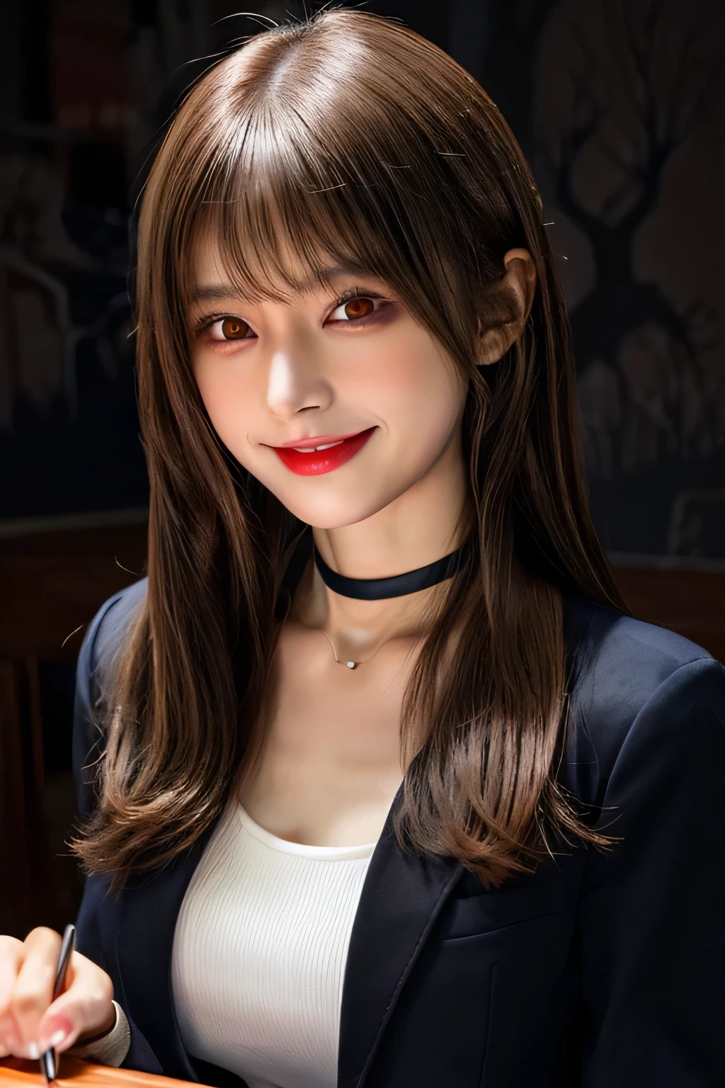 masterpiece, 1 mature woman per photo, Cute Japanese Secretary, Very cute face, Glossy Lips, Double eyelids on both eyes, Natural Makeup, (Brown Hair , Long Bob Hair), Asymmetrical bangs, High resolution, Attention to detail, Detailed hairstyle, Detailed face, Cinema Lighting, Octane Rendering, Ultra-realistic, Perfect limbs, Perfect ???????, ((Black choker:1.2)), Red eyes, Big Breasts, ((The body is slim:1.5)), Cool Beauty, Slim face, smile, Fantasy World, ((Straight Long Hair)), Wooden wall, Wooden desk, Wooden chair, Big Breasts, (uniform, Navy blue blazer), document, coin, book, pen, sitting at a desk, I am writing a diary., High nose, Guess face, A sadistic smile, Grin, Wicked Smile, ((Red glowing eyes, Spooky Woman, The character is horror, Background is normal)), gesugao