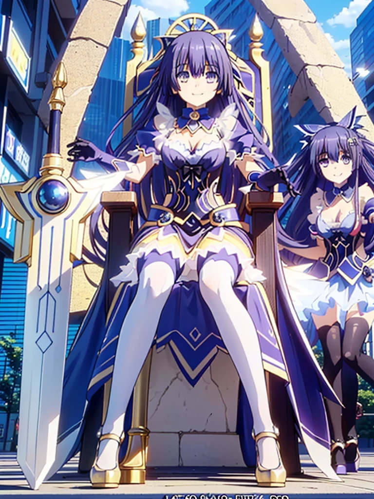 Great quality ++ High resolution extremely detailed, very aesthetic, ojos expresivos, (((Cara perfecta))), (((face symmetrical))), ((good anatomy)), (((manos perfectas))), (((8k))), UHD, Fondo de pantalla HD, (((alta calidra detallada, (((((1girl)))))), solamente, Obra maestra, La mejor calidad, high resolusion, Altamente detallado, (illustration), hermosos ojos detallados, ((((1girl)))), (((standings))), ((((full body)))), (((upper body))), ((((Date A Live)))), ((((Miku Izayoi)))), (((astral dress))), (((Long hair))), ((((((Light Indigo hair)))))), (((Silver eyes))), (((weapon))), (((armor))), (((sword))), ((((yellow dress)))), white polkadots on dress, long gloves, elbow gloves, (((asymmetrical body))), (((asymmetrical hair))), (((asymmetrical clothes))), (((smile))), (((throne))), (((city background))),