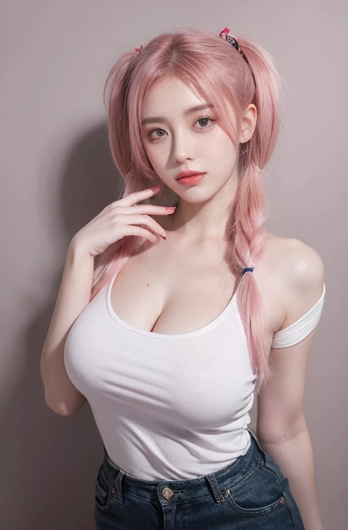 21yo girl, pink hair, (twintail Hair). Bitting her lower lip while closing her eye,Wearing white oversize t-shirt,, show shoulders, cleavage, show big thigh, natural big brseast,hands holding breasts,plumpy body, standing pose