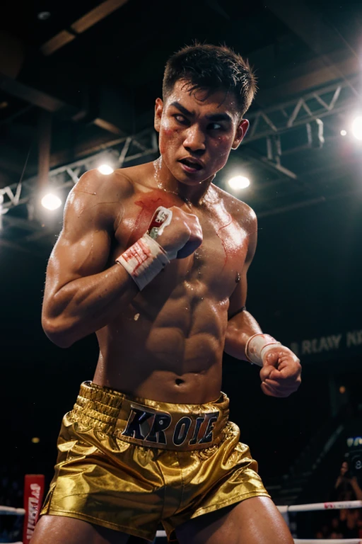 young man thai boxer Standing up to fight in the ring, the opponent's face has a cut on his left eyebrow, a little blood is oozing out, sweat is all over his body, with the audience cheering around the ring, film photography, rim light, analog film photo, Kodachrome