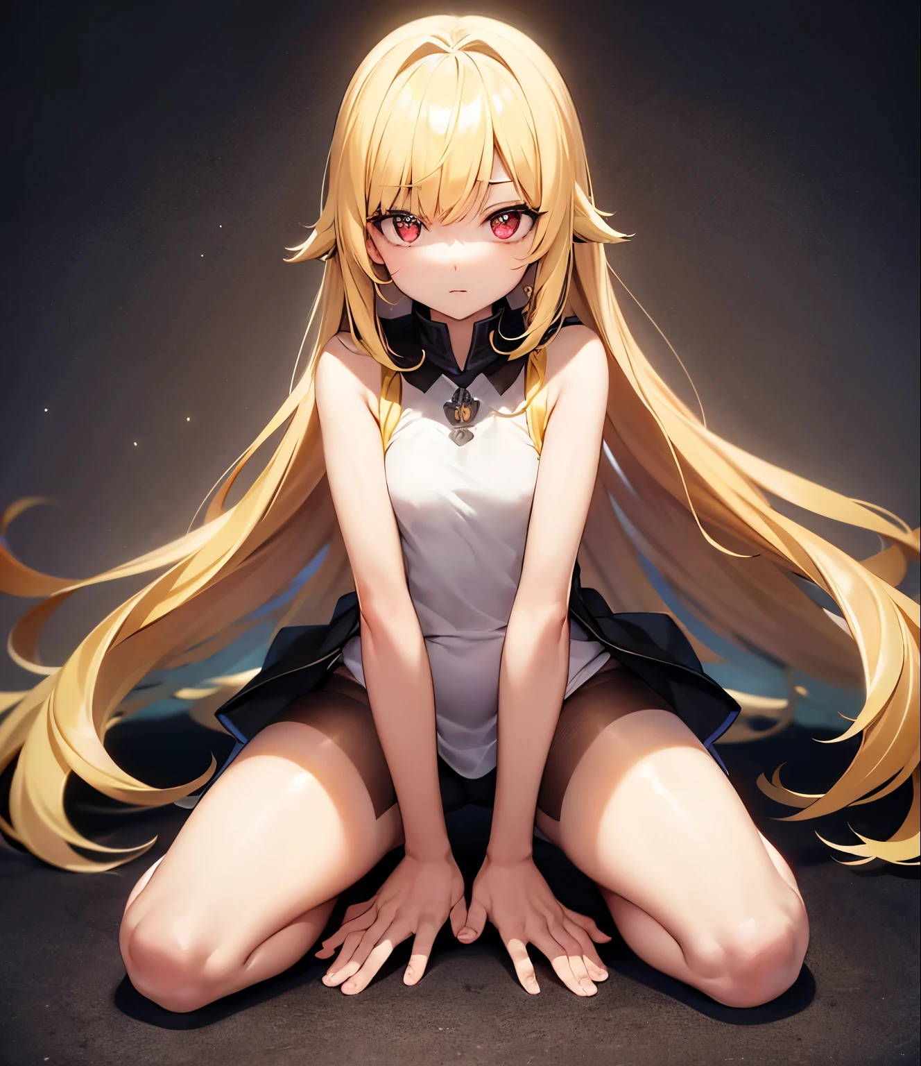Flesh-colored full-body tights, barefoot, cute ,small ,,,Childish face, Very fine clean face,highest quality, Big eyes,Straight hair,Yellow Hair,Crimson Eye,Naughty,Inconspicuous light,,Soft lighting,Light from directly behind, ((Open your legs)), ((Kneeling)), Raise your arms, Front view