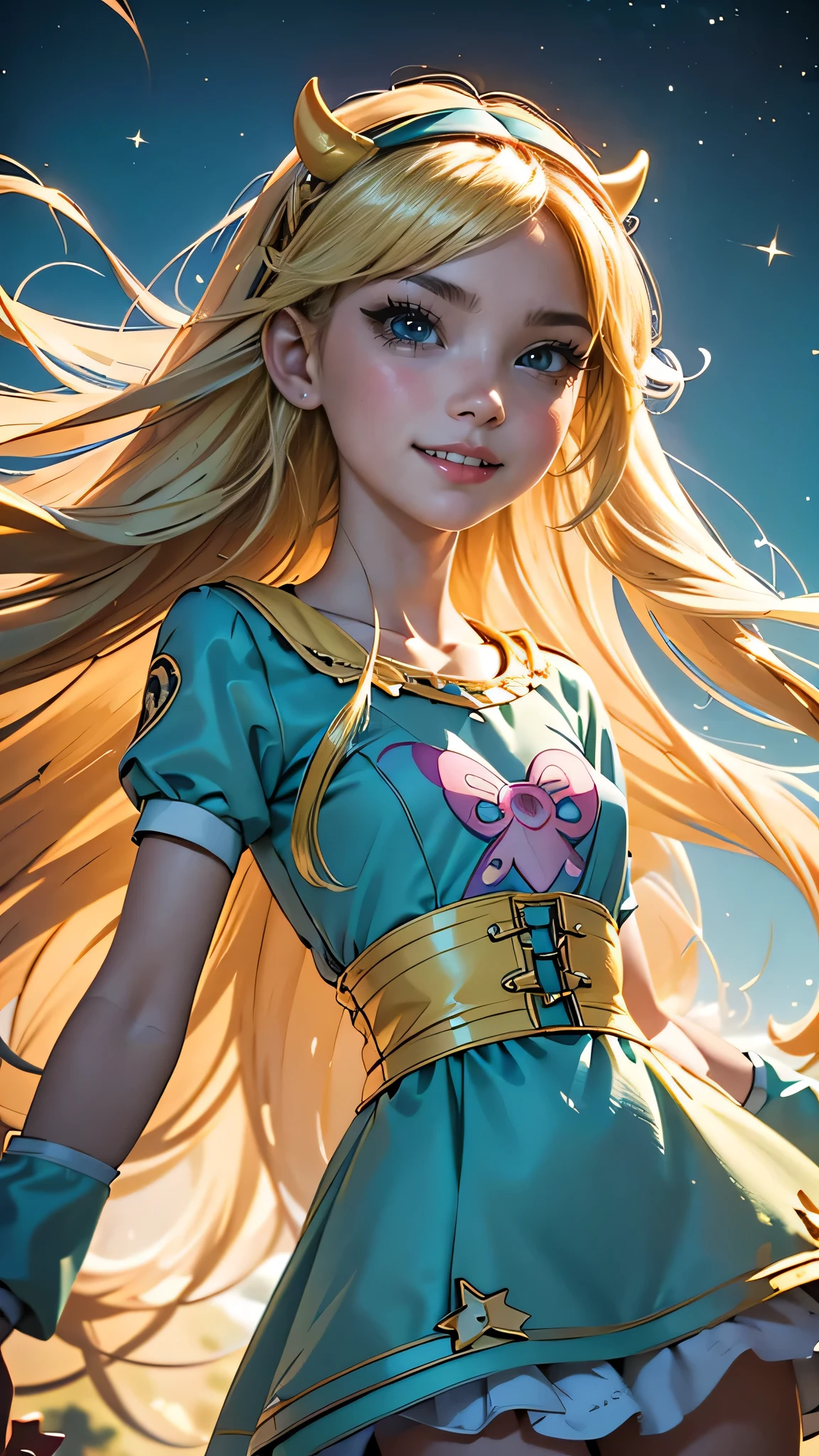 (masterpiece), (highest quality), (Very detailed),(Disheveled Hair), (One Girl), (Fashionable clothes),Blonde Long Hair, Star Butterfly, One girl, Blonde, Horned hat, hair band, Long Hair, alone, heart, blue eyes, Facial blemishes, very Long Hair,Teal Dress, , Brush Sticker,View your viewers, smile,