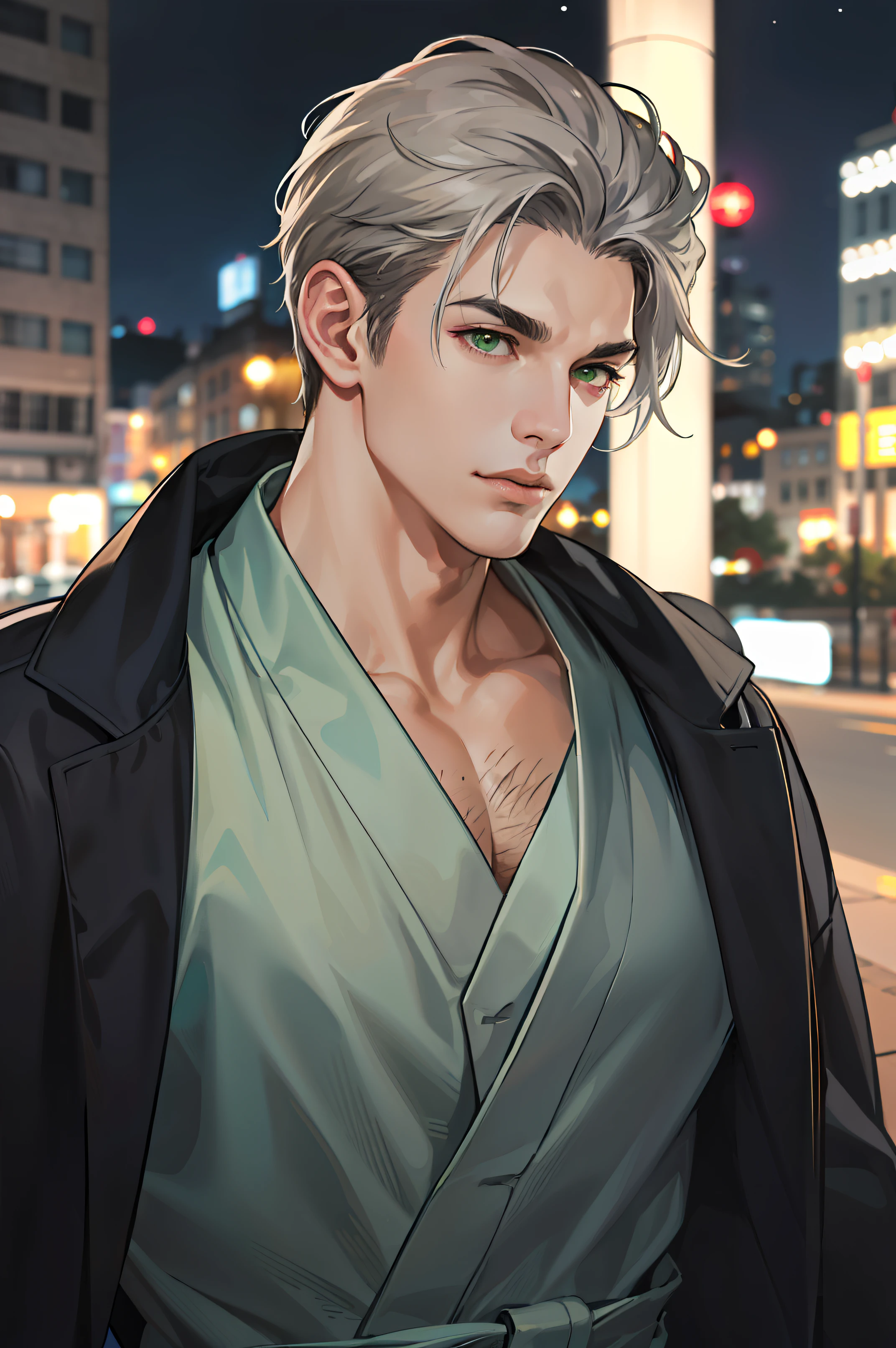 (absurd, high resolution, super detailed, realistic,), 1 male, soloist, adult, mature, tall muscular face, wide shoulders, handsome, large hair, gray hair, green eyes, angular chin, thick neck, thick eyebrows, night, dark, night view from the city background, bathrobe, upper body